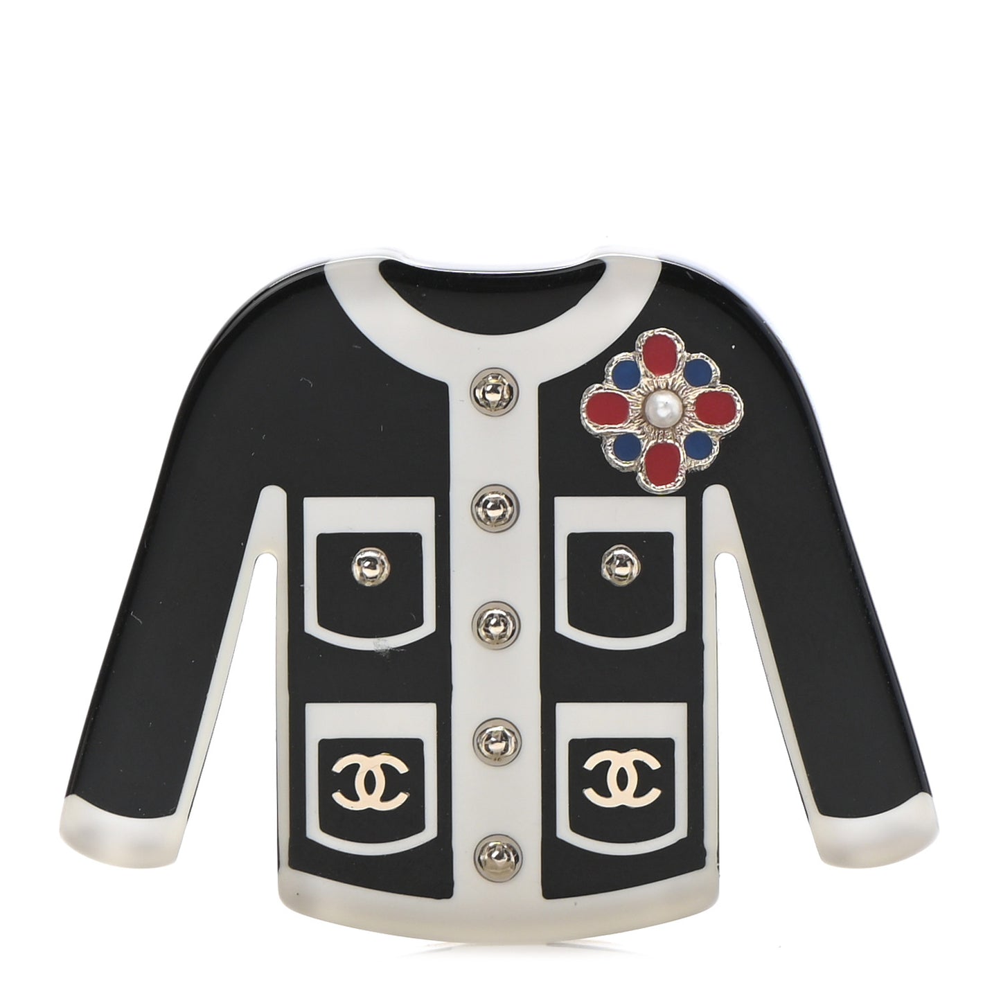 Resin Pearl Tweed Cardigan CC Brooch Black White