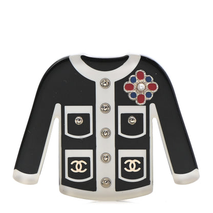Chanel Resin Pearl Tweed Cardigan CC Brooch Black White 1 of 5