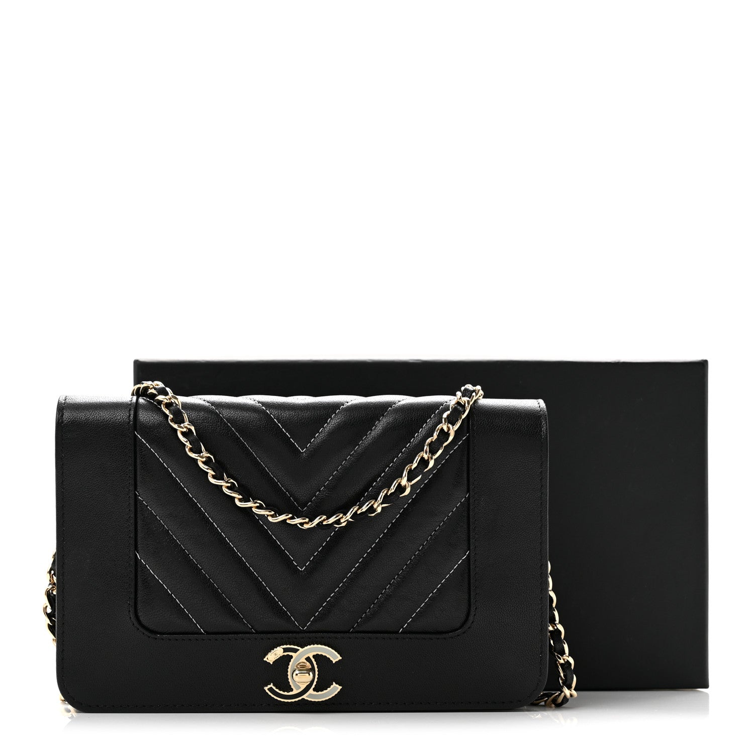 Chanel Caviar Sheepskin Chevron Quilted Vintage Mademoiselle Wallet On Chain WOC Black 14 of 14