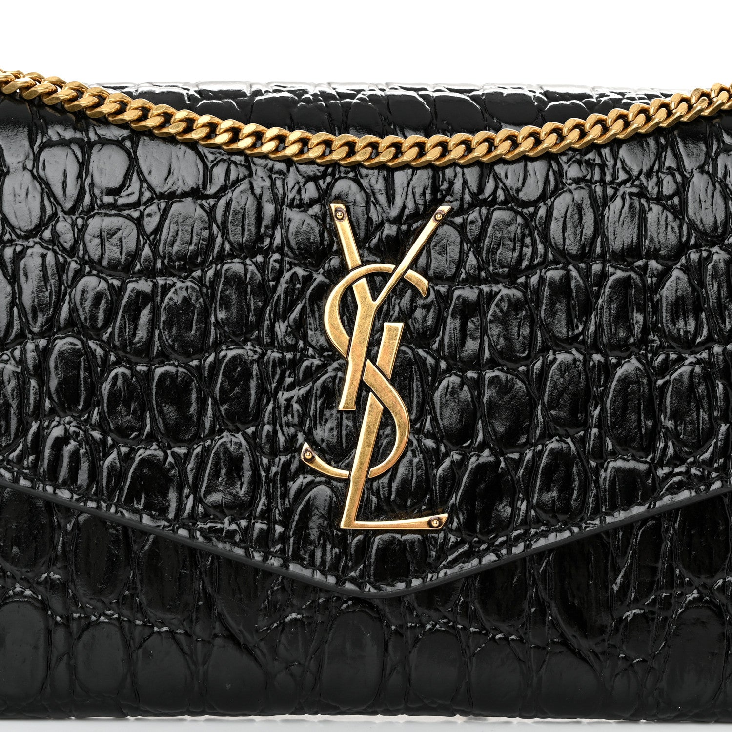 Saint Laurent Calfskin Crocodile Embossed Monogram Uptown Chain Wallet Black 9 of 12