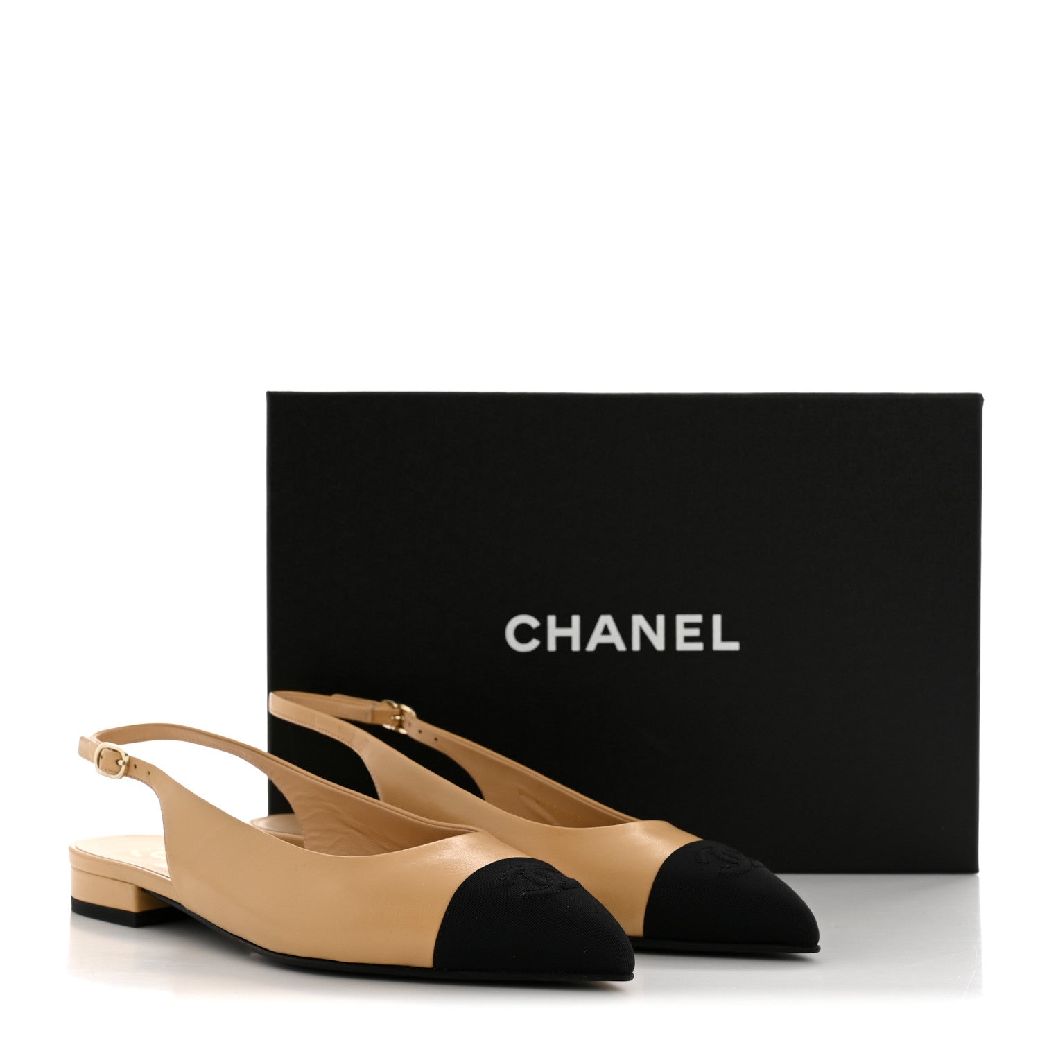 Chanel Goatskin Grosgrain Pointed Toe CC Slingback Flats 37.5 Beige Black 10 of 10