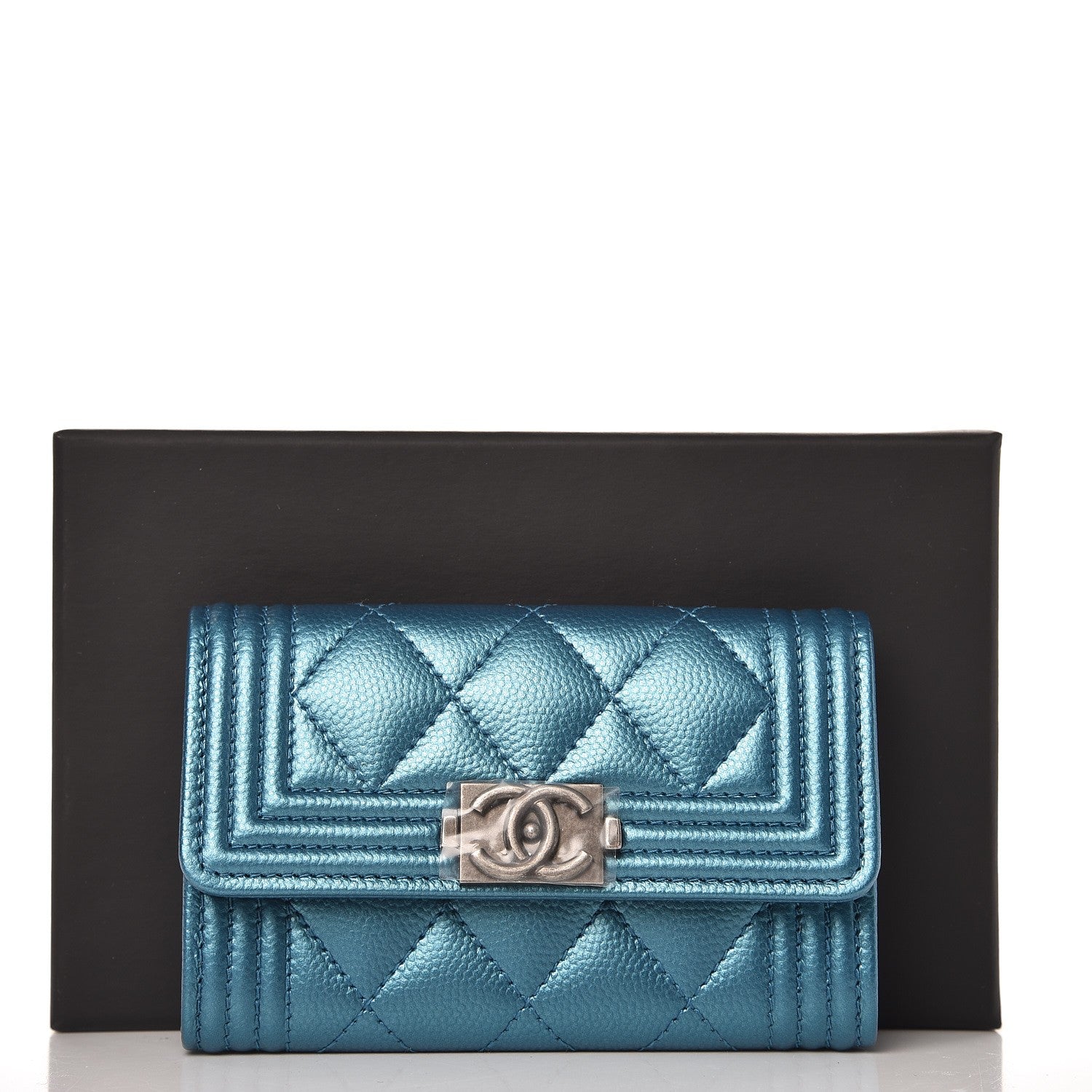 Chanel Metallic Caviar Quilted Boy Card Holder Wallet Turquoise 9 of 9