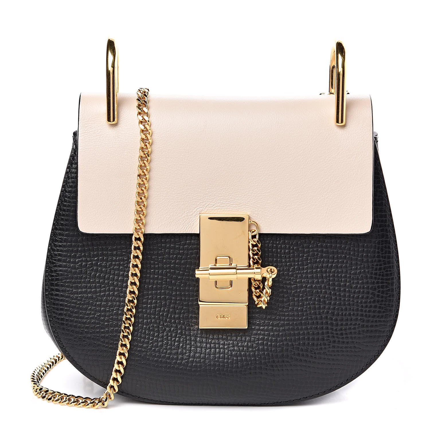 Chloe Grained Calfskin Lambskin Mini Bi-Color Drew Shoulder Bag Black Powder Beige 1 of 9