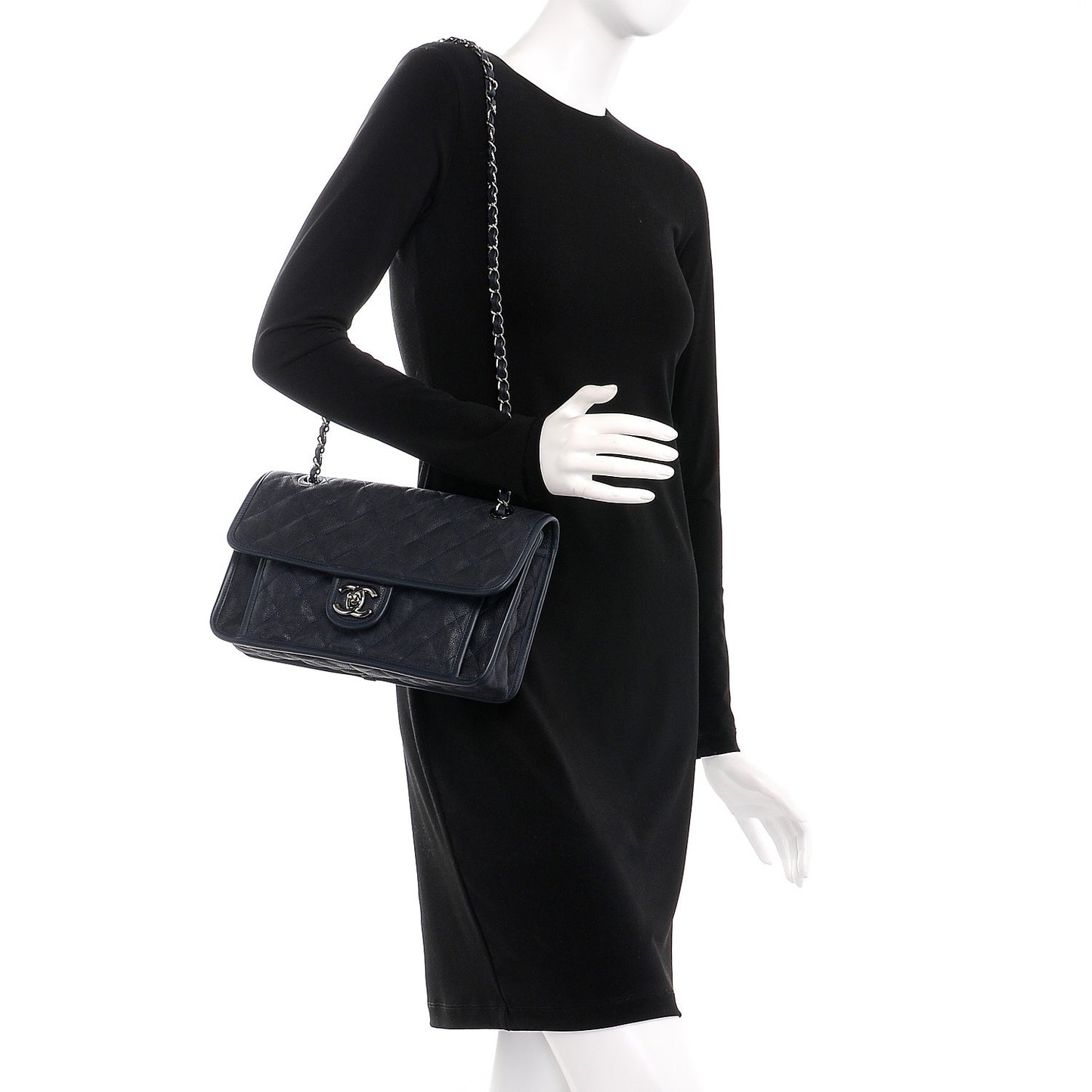 Caviar Quilted Medium French Riviera Flap Dark Navy Blue