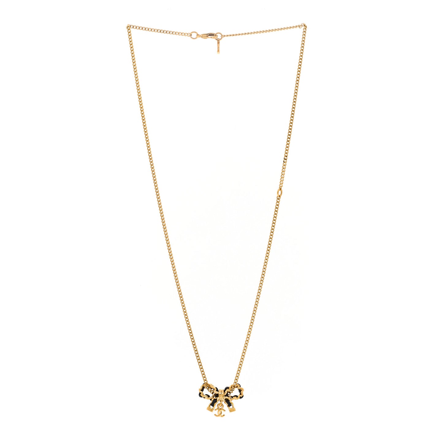 Metal Lambskin Chain CC Bow Necklace Black Gold
