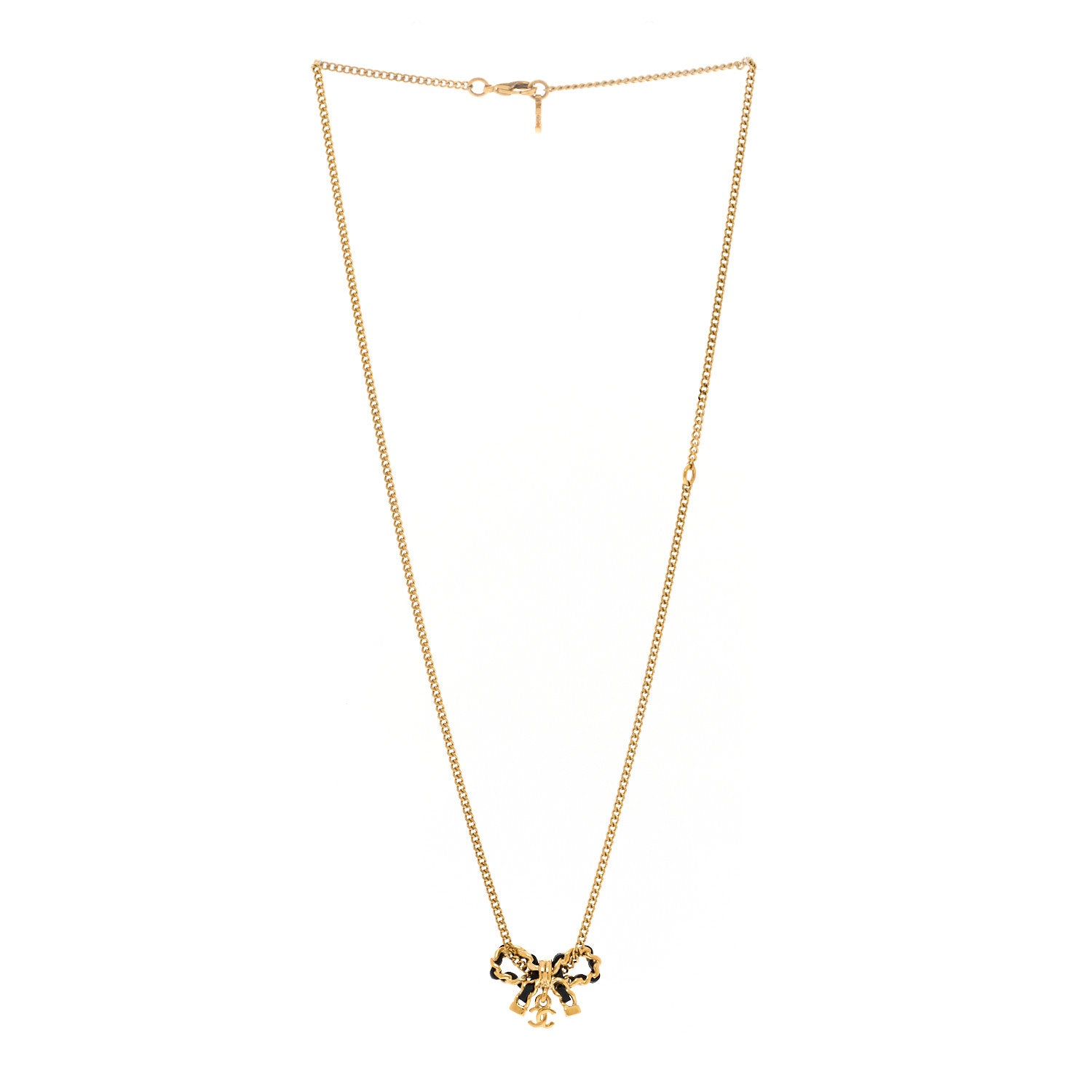 Chanel Metal Lambskin Chain CC Bow Necklace Black Gold 3 of 6