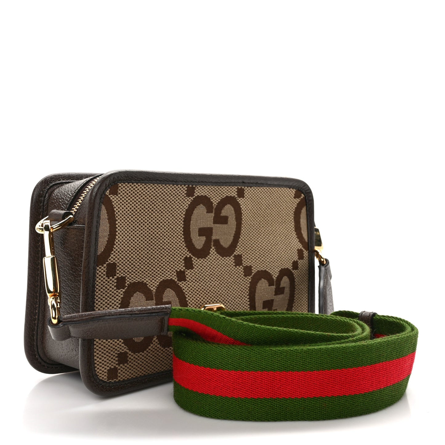 Monogram Jumbo GG Textured Dollar Calfskin Web Mini Crossbody Bag Camel Ebony New Acero