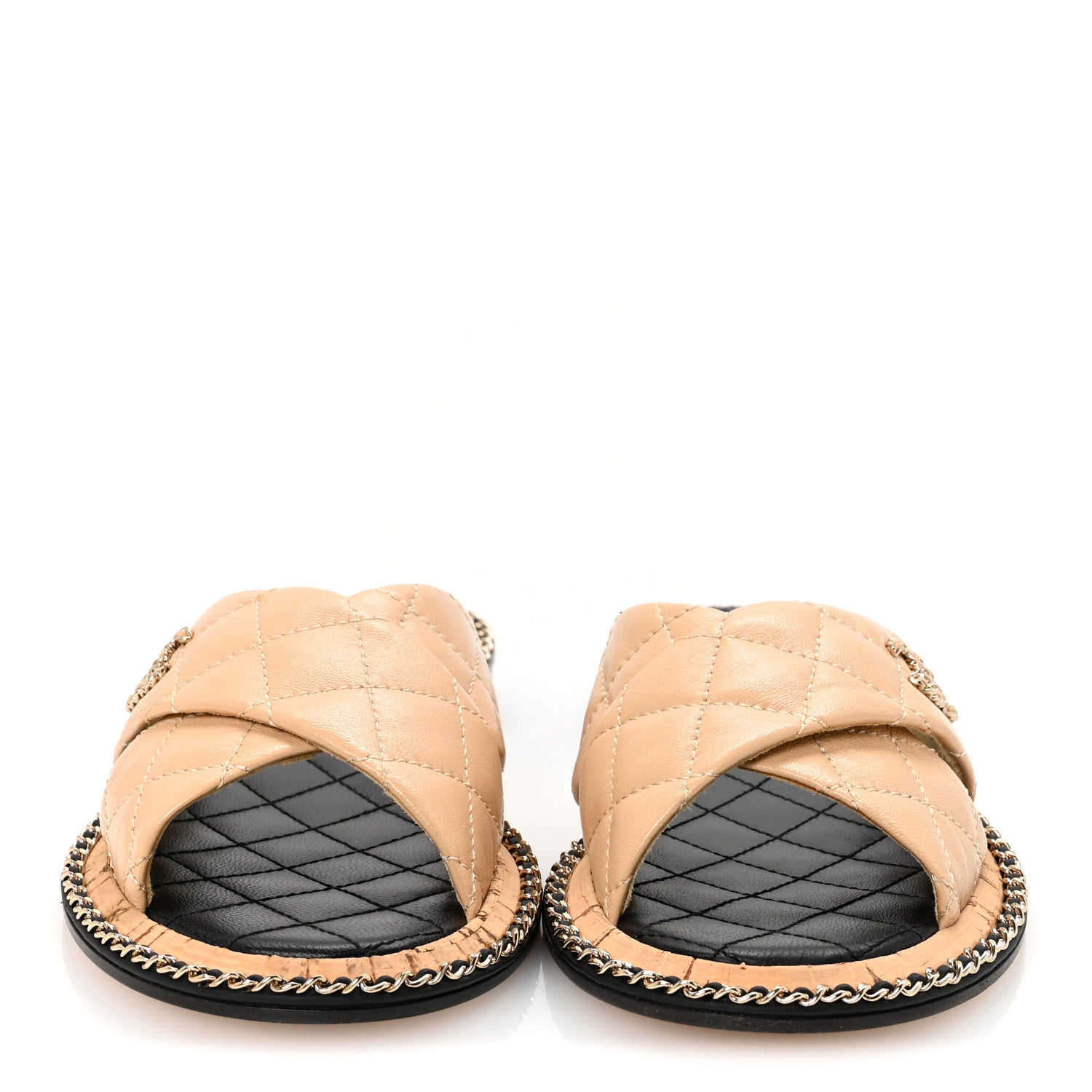 Chanel Shiny Lambskin Quilted Metal Chain CC Sandals 36.5 Beige 3 of 10