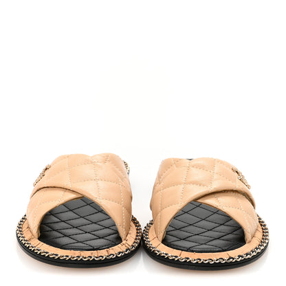 Chanel Shiny Lambskin Quilted Metal Chain CC Sandals 36.5 Beige 3 of 10