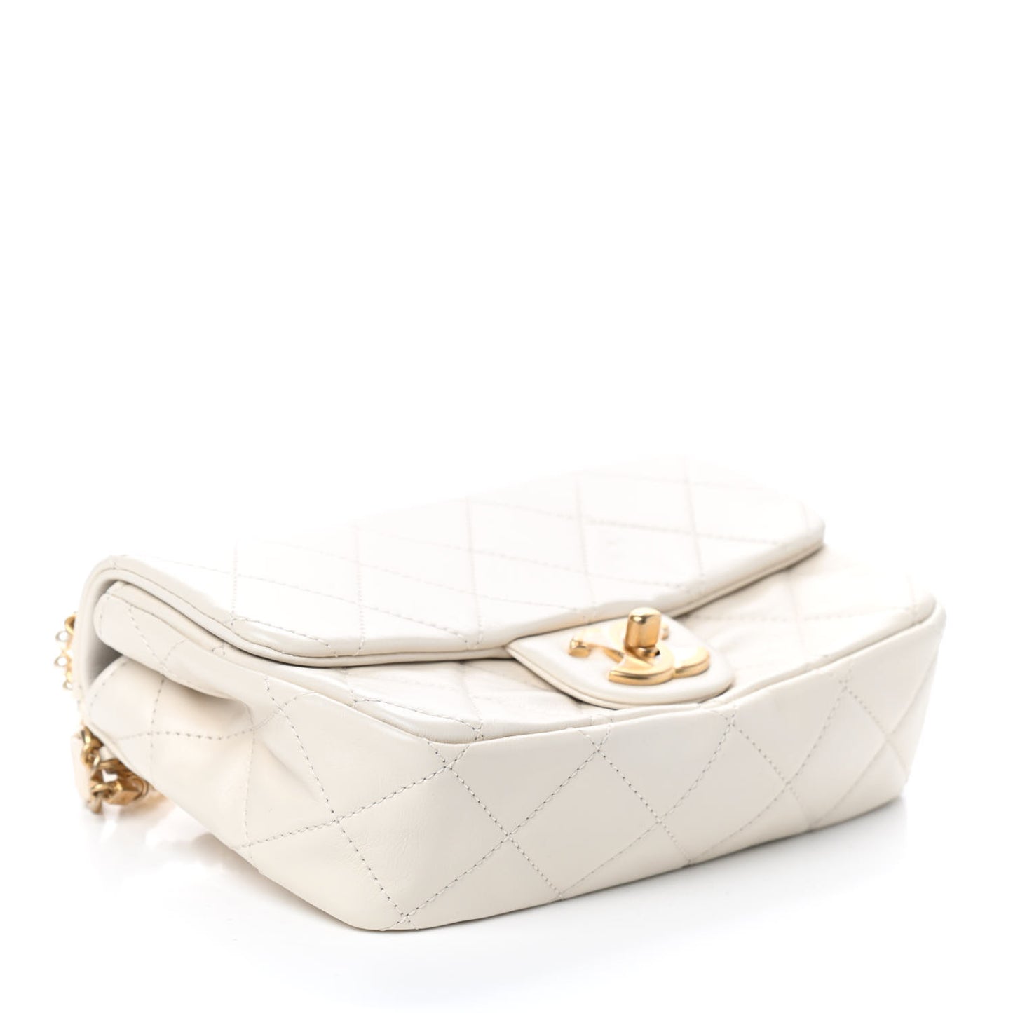 Calfskin Quilted Mini Crystal Pearls Rectangular Flap White