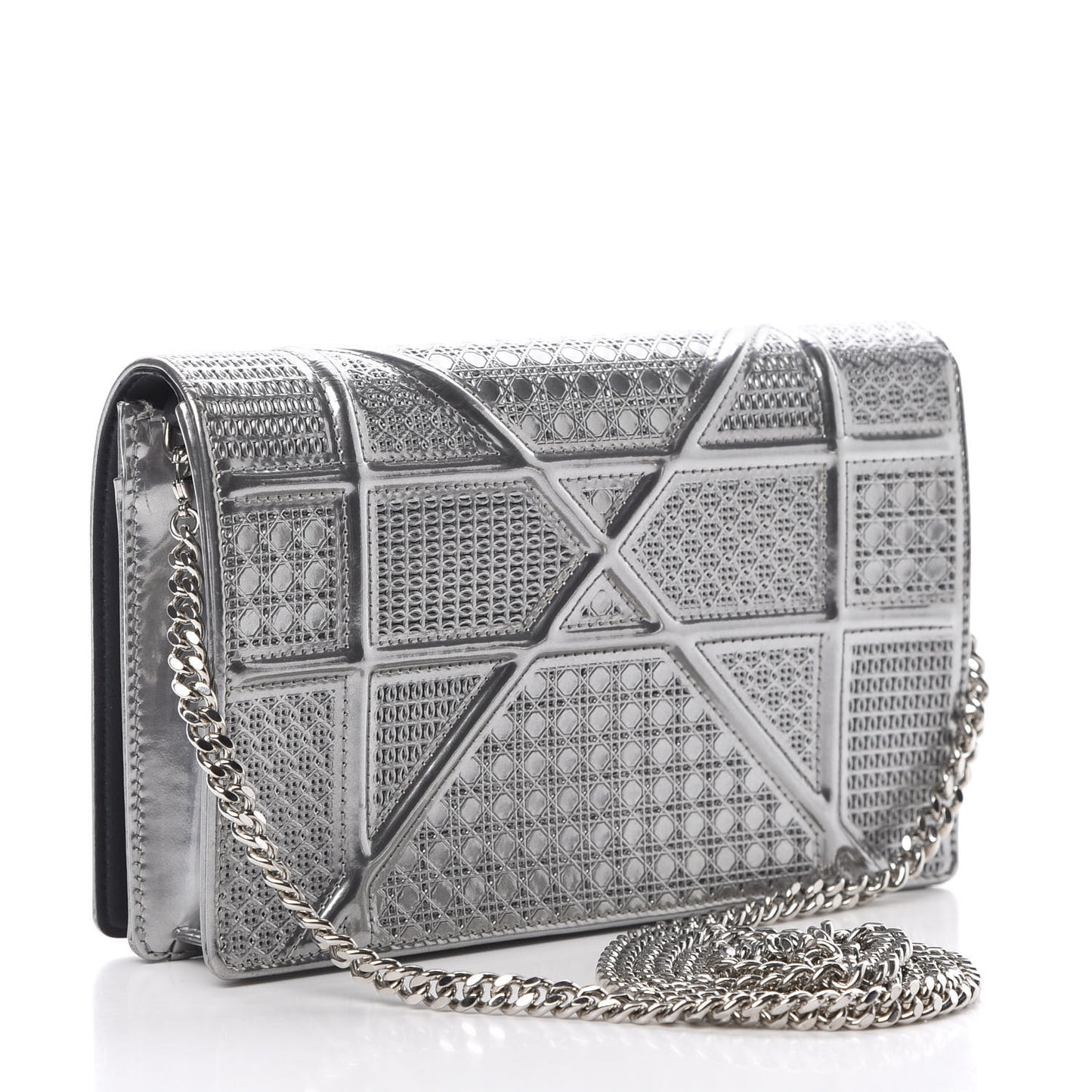 Metallic Patent Micro-Cannage Diorama Wallet on Chain Pouch Silver