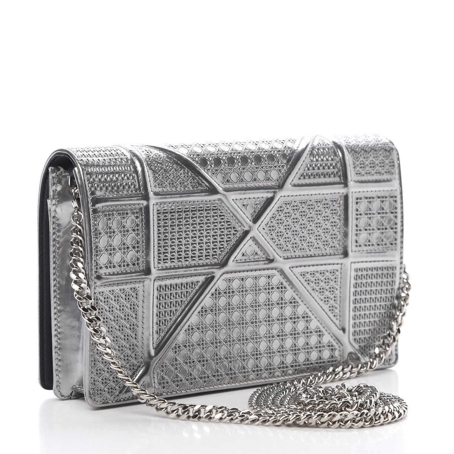 Christian Dior Metallic Patent Micro-Cannage Diorama Wallet on Chain Pouch Silver 3 of 15