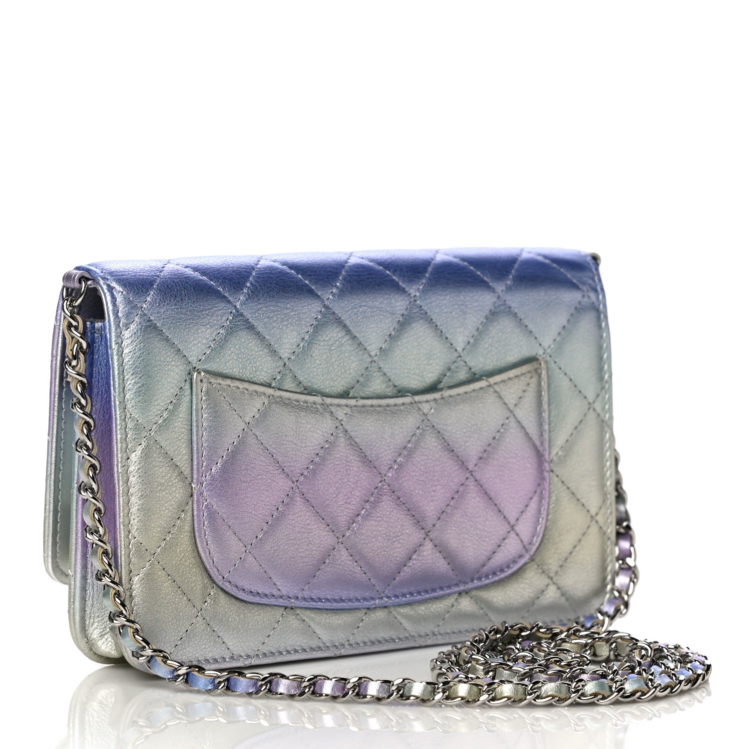 Chanel Gradient Metallic Calfskin Quilted Wallet On Chain WOC Silver Blue Yellow Purple 2 of 19