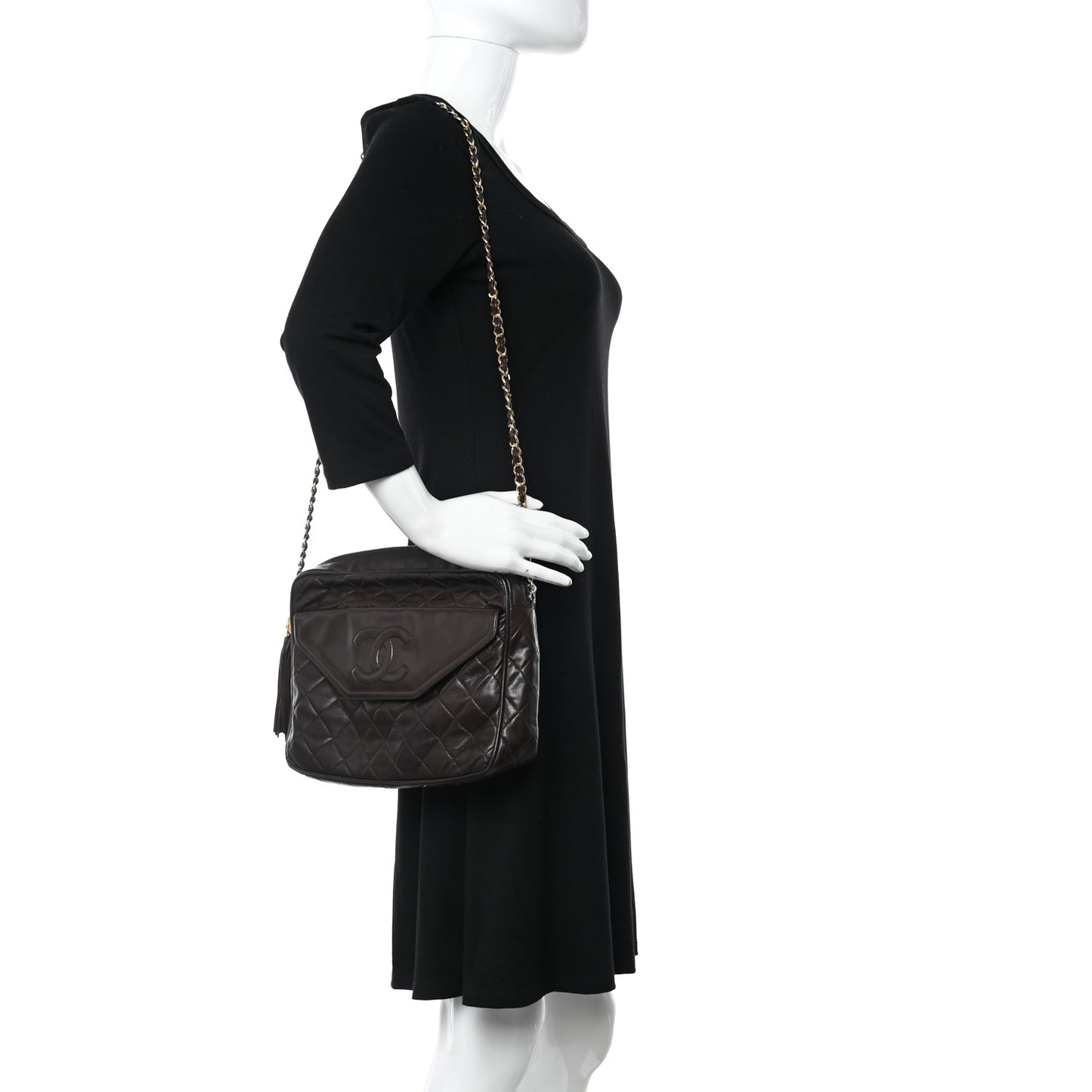 Lambskin Quilted Tassel Camera Case Brown