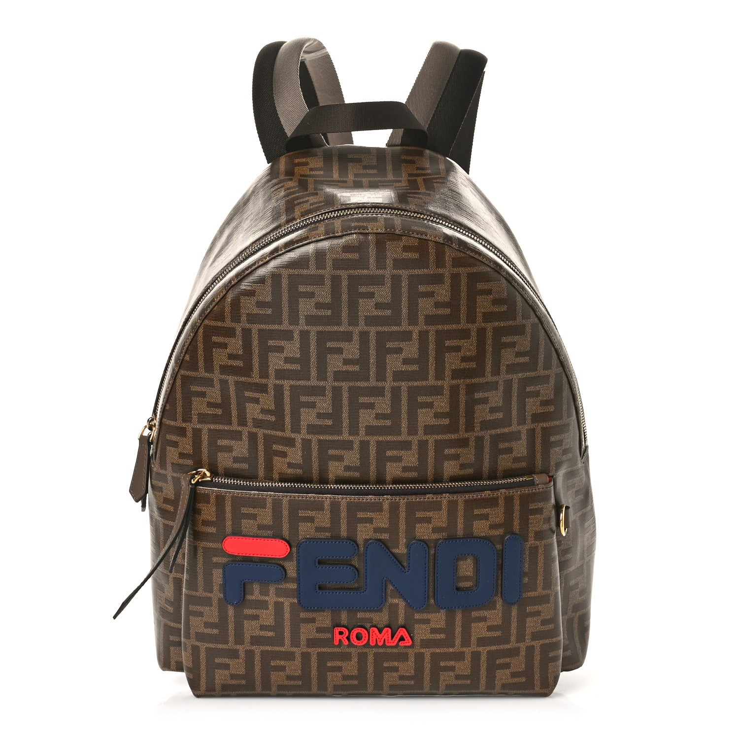 Fendi X FILA Glazed Fabric Vitello Century FF 1974 Mania Pouch Pocket Backpack Mogano Panna Blueberry 1 of 8