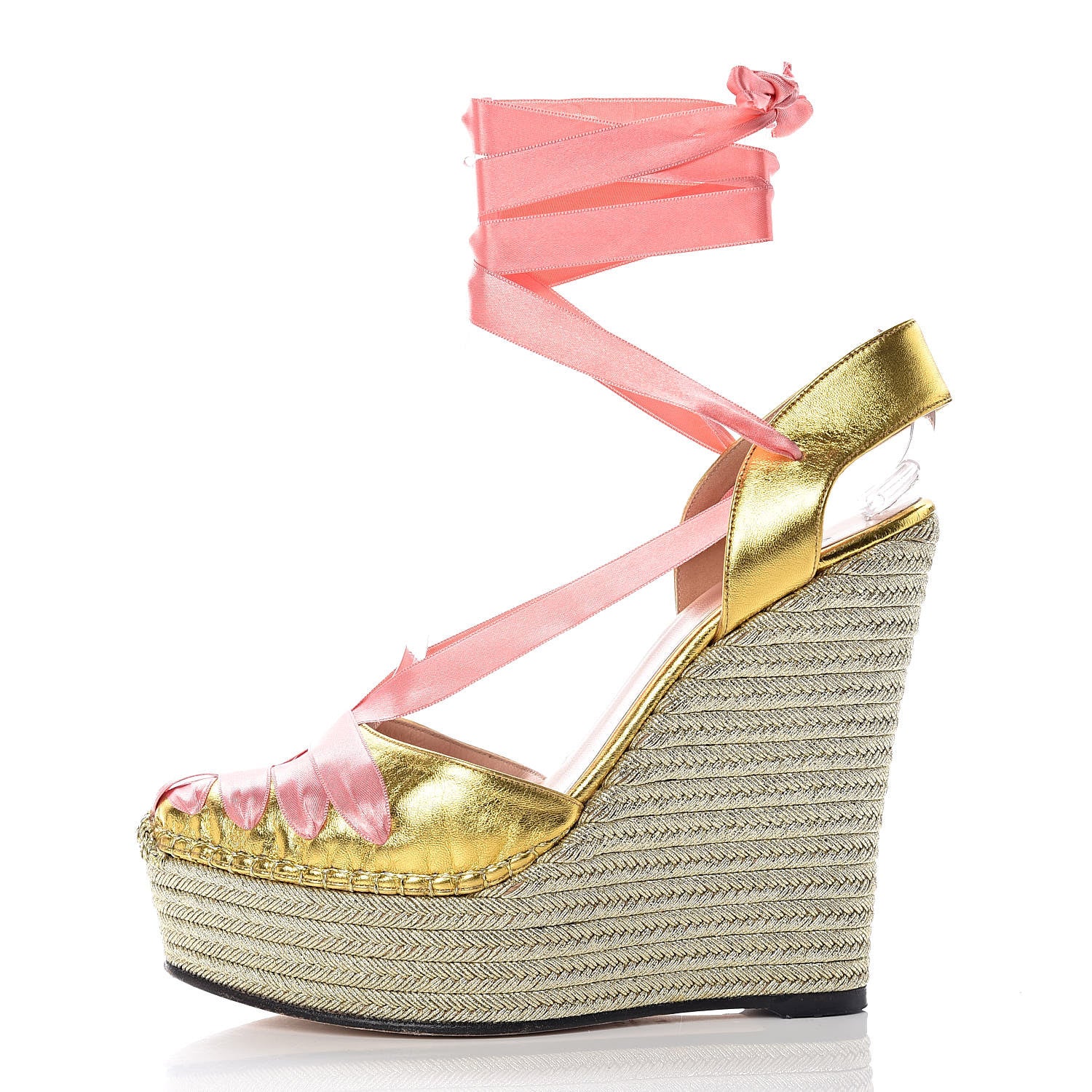 Gucci Nappa Satin Alexis Ankle Wrap Platform Espadrille Wedges 40 Yellow Pink 1 of 15