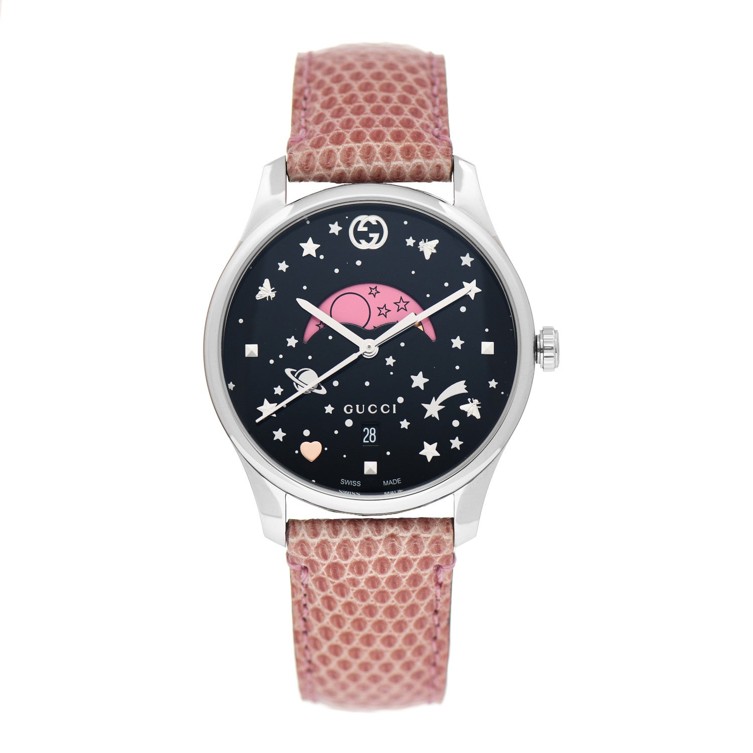Gucci Stainless Steel Lizard 38mm G-Timeless Moonphase Star Planet Quartz Watch Black 1 of 5