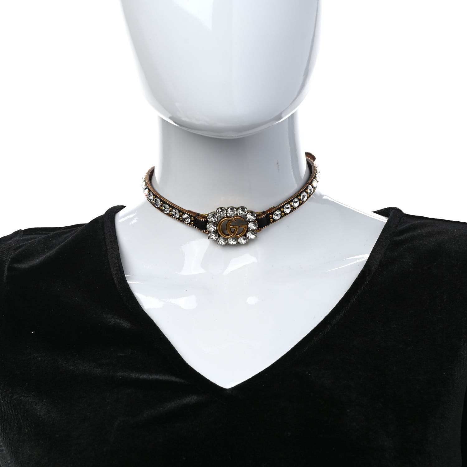 Gucci Calfskin Crystal Embellished Double G Choker Necklace Black 2 of 7