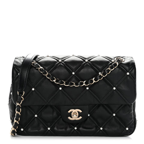 Lambskin Quilted Pearl Studded Flap Black