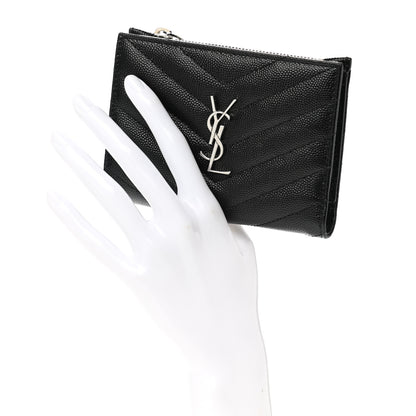 Saint Laurent Grain De Poudre Matelasse Chevron Monogram Zipped Two-Part Wallet Black 2 of 8