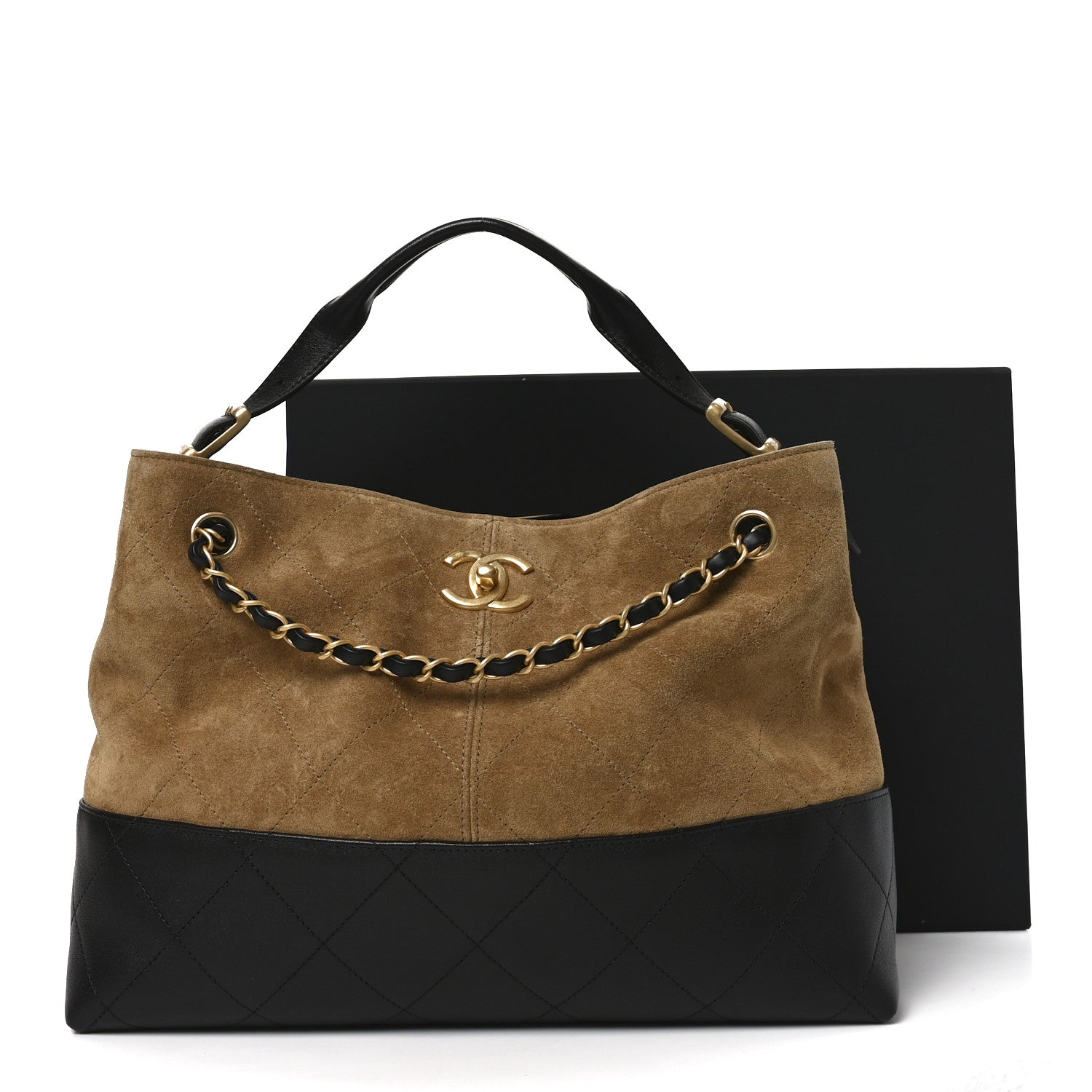Chanel Suede Calfskin Shiny Lambskin Quilted Small Coco Base Shopping Bag Beige Black 5 of 11