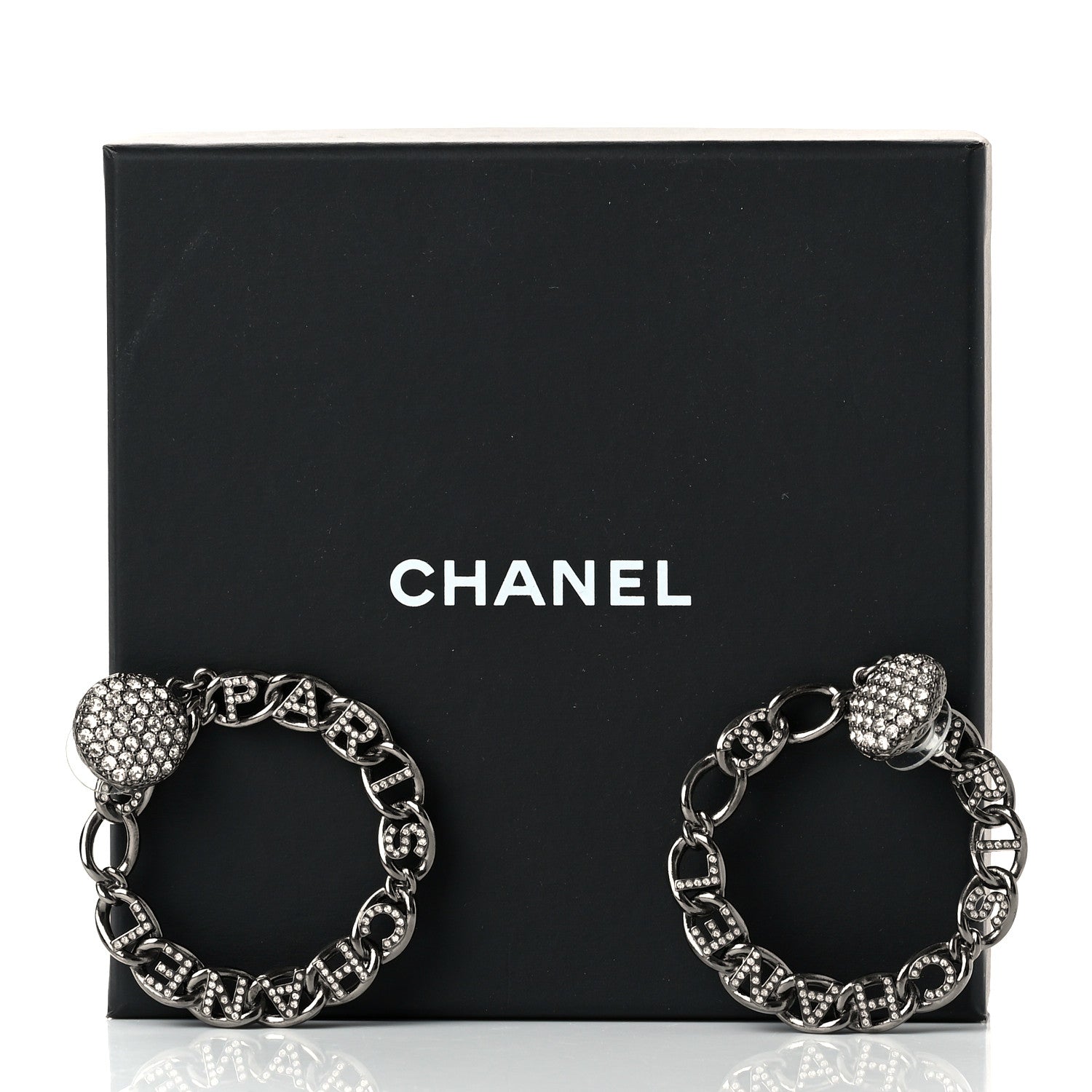 Chanel Ruthenium Crystal CC Paris Chain Link Hoop Earrings Silver 5 of 5
