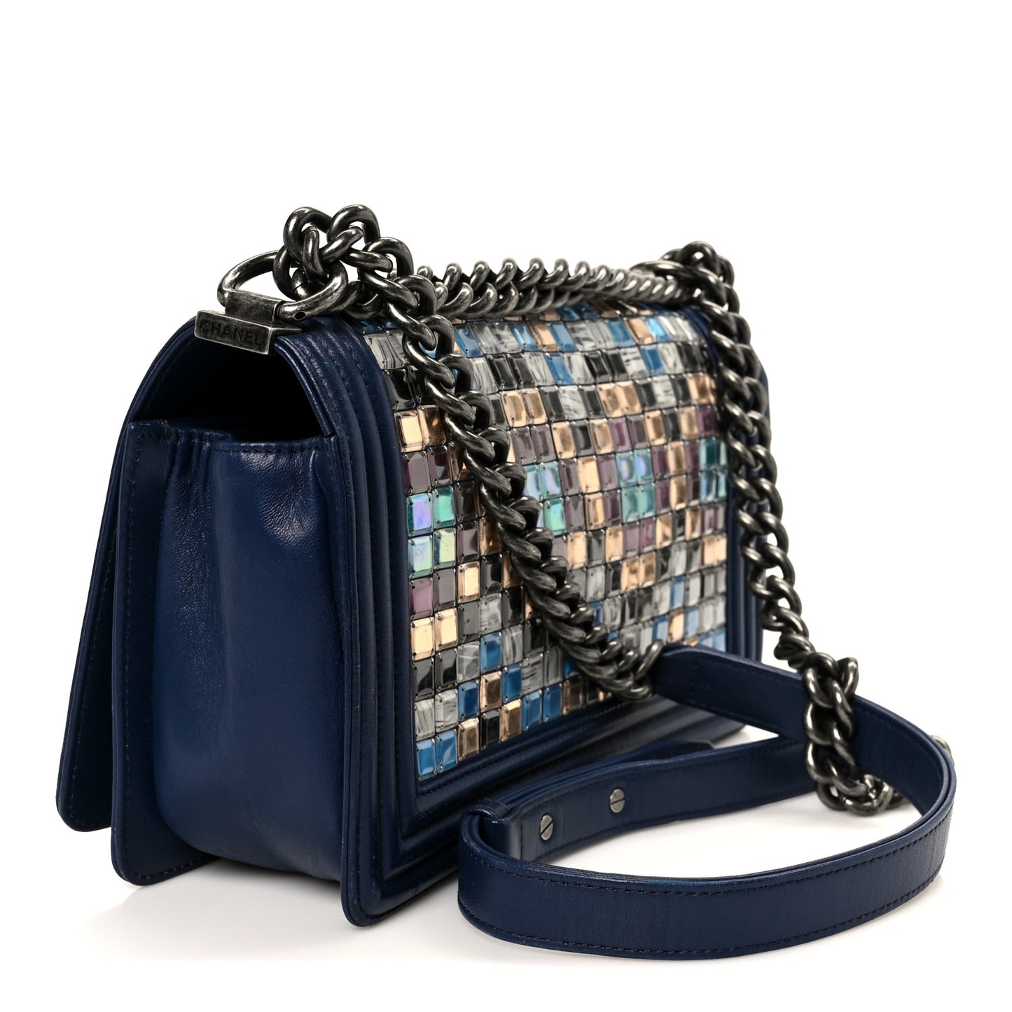 Lambskin Tile Medium Mosaic Boy Flap Navy Multicolor