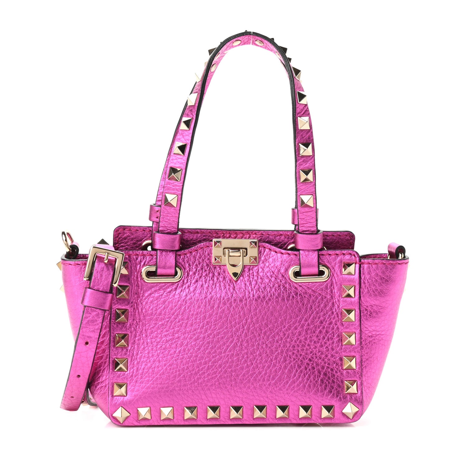 Metallic Pebbled Calfskin Micro Rockstud Tote Peony