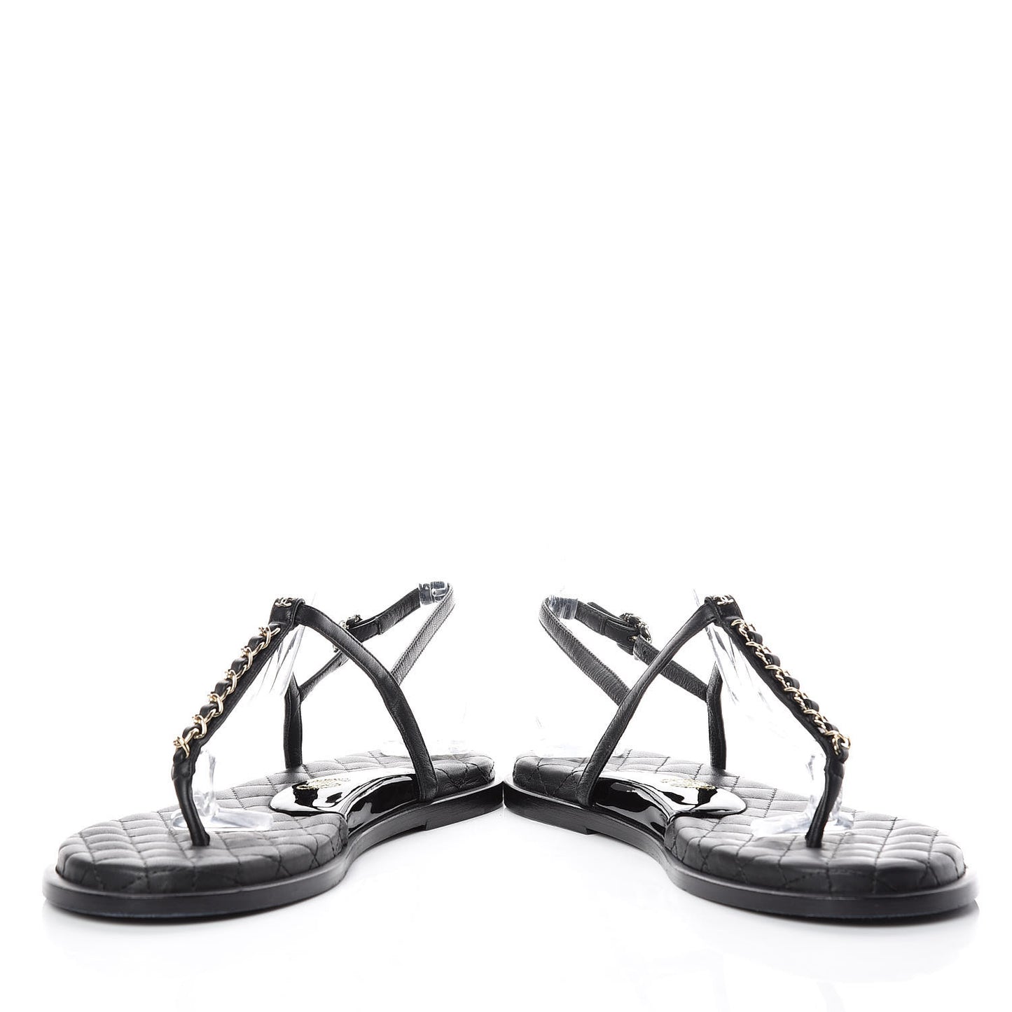 Lambskin Patent Calfskin CC Chain Thong Sandals 39 Black