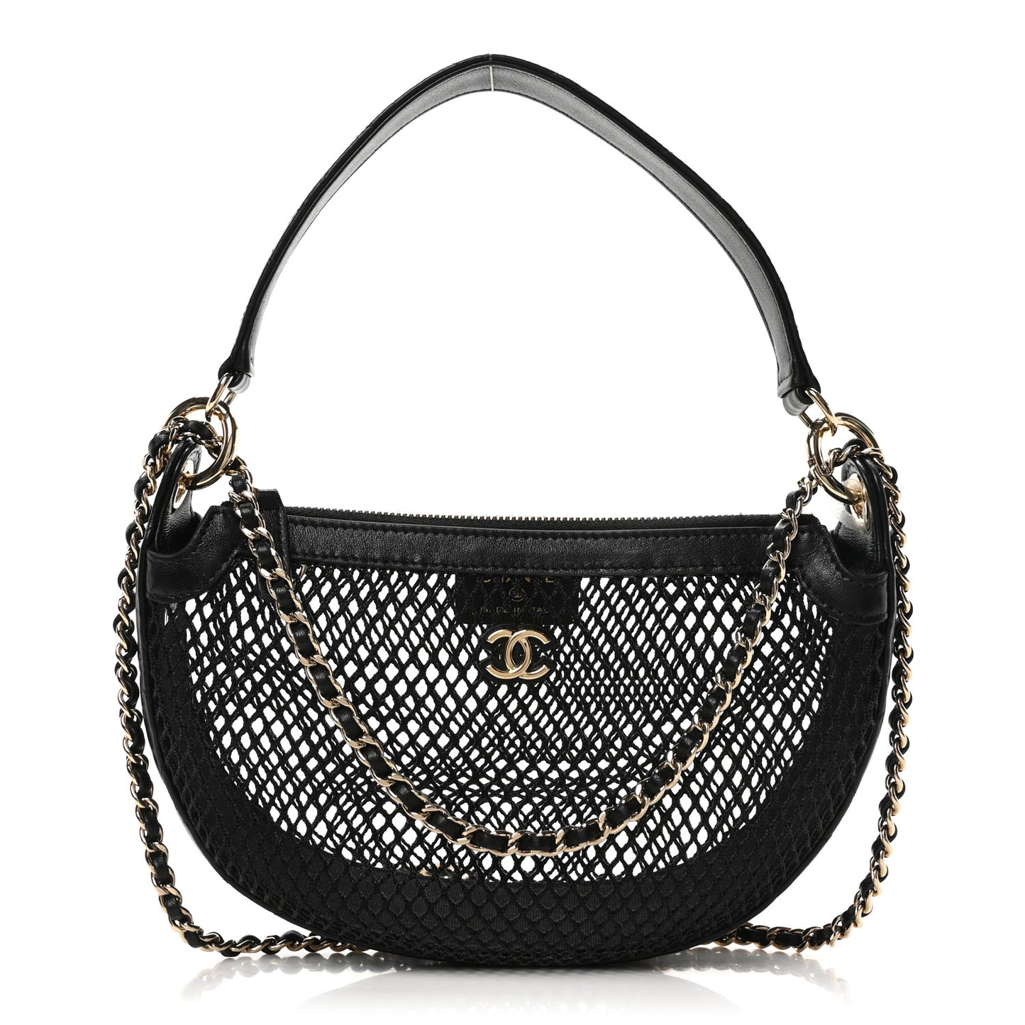 Mesh Shiny Lambskin Chain Hobo Black