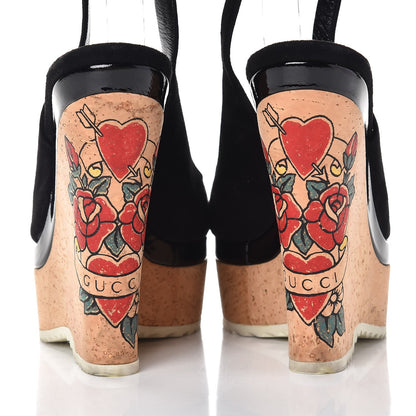 Gucci Kid Scamosciato Tattoo Heart Wedge Sandals 36.5 Naturale 5 of 10