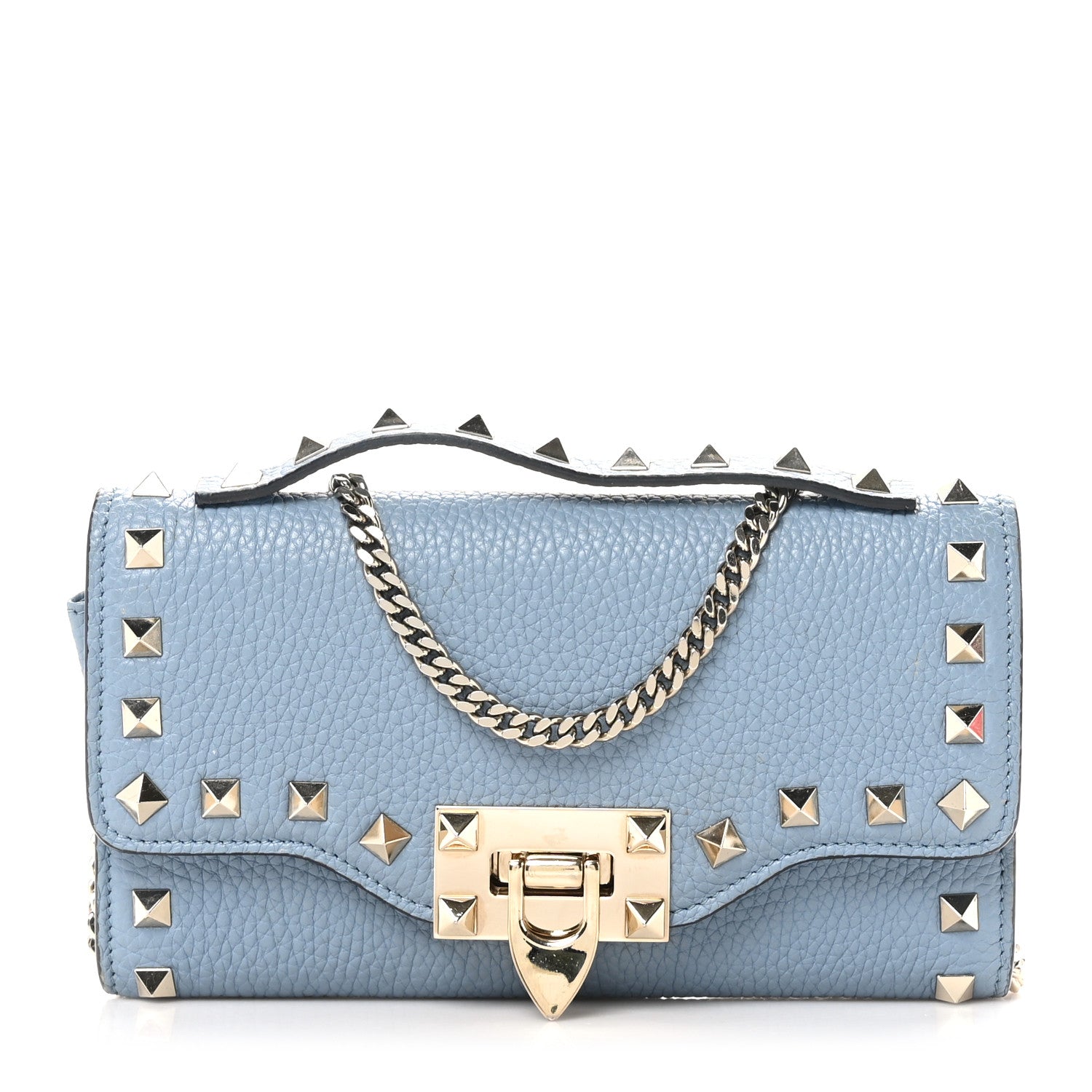 Valentino Garavani Pebbled Calfskin Rockstud Flip Lock Wallet On Chain Niagara 1 of 11
