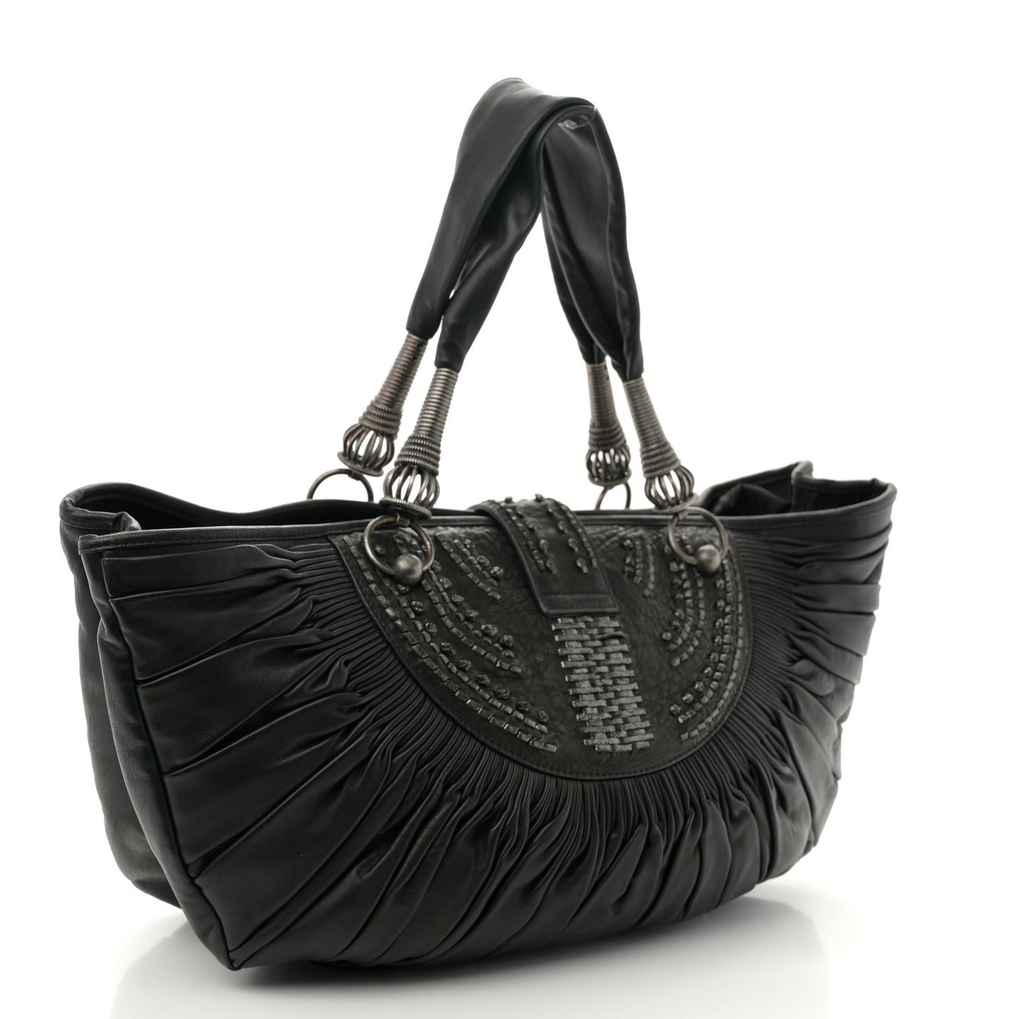 Lambskin Plisse Pleated Basket Tote Bag Black