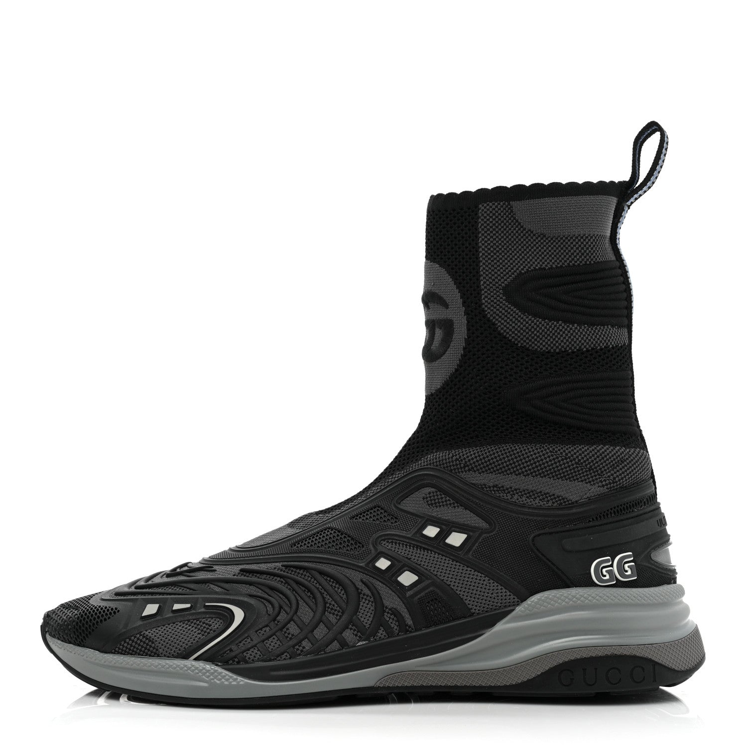 Gucci Rubber Technical Fabric Mens Ultrapace R Mid Top Sock Sneakers 8 Black Grey Silver Loess 1 of 8