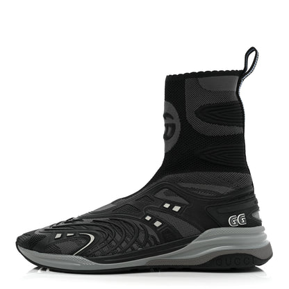 Gucci Rubber Technical Fabric Mens Ultrapace R Mid Top Sock Sneakers 8 Black Grey Silver Loess 1 of 8