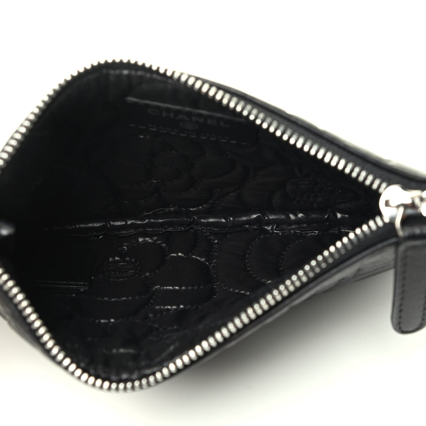 Goatskin Camellia Embossed Cosmetic Pouch Black