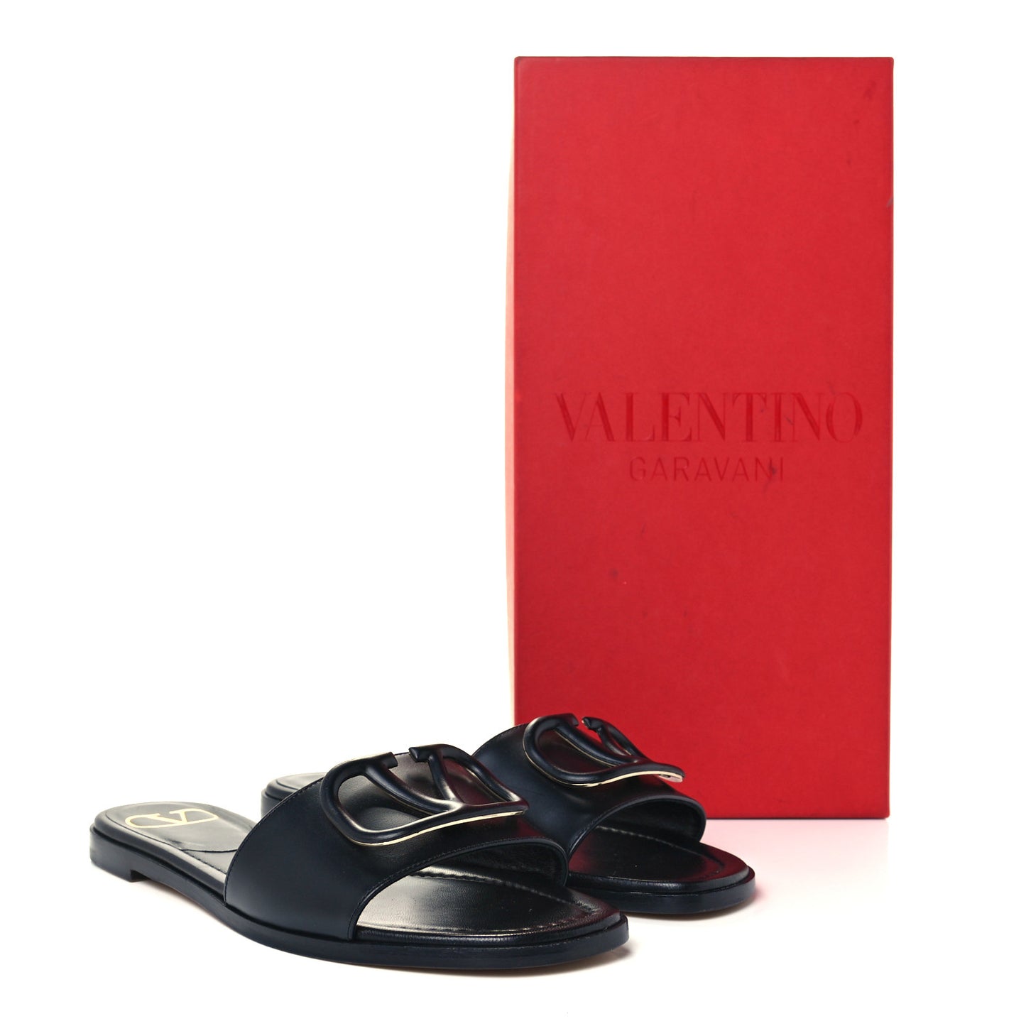 Calfskin Vlogo Flat Slide Sandals 35.5 Black