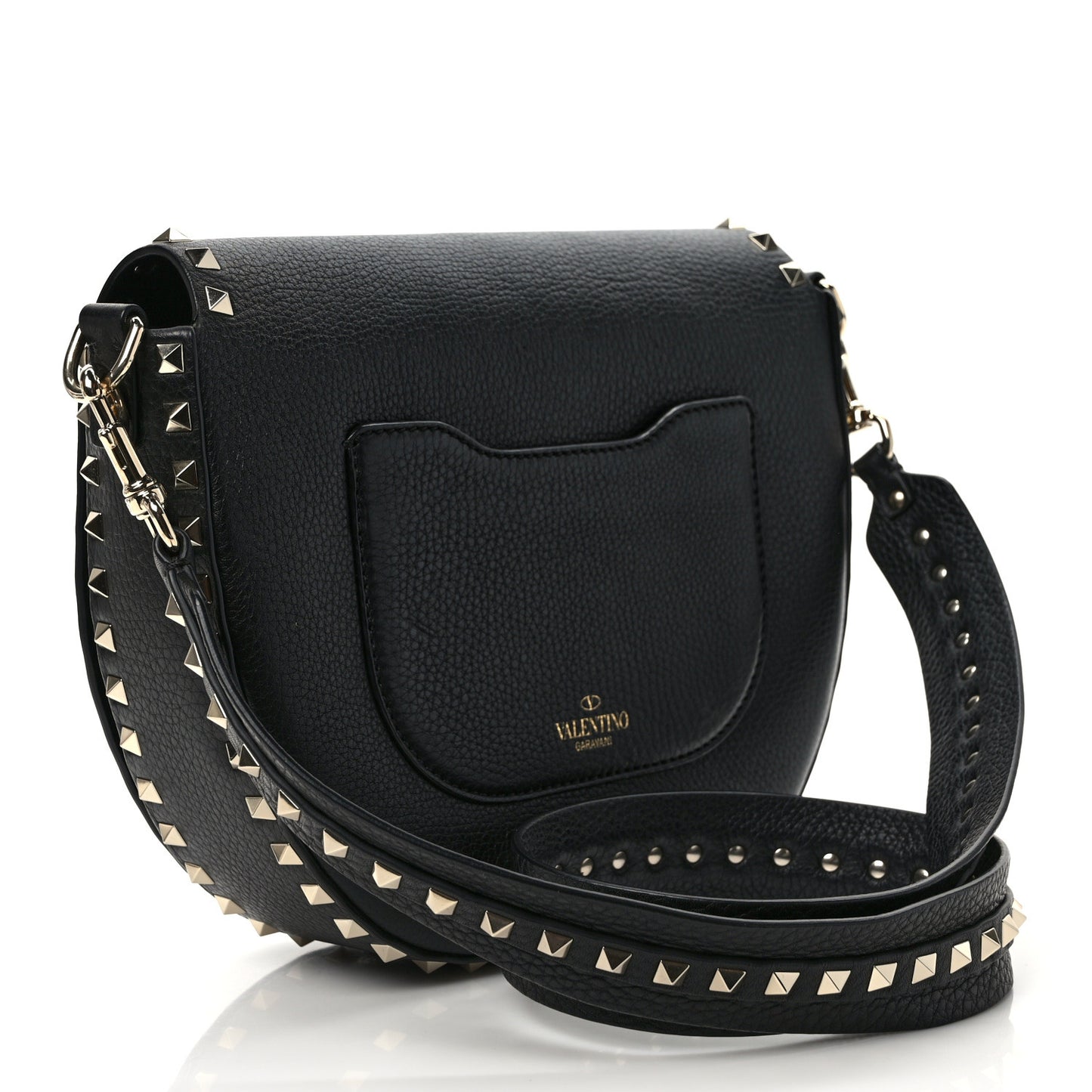 Calfskin Large Rockstud Halfmoon Saddle Bag Black