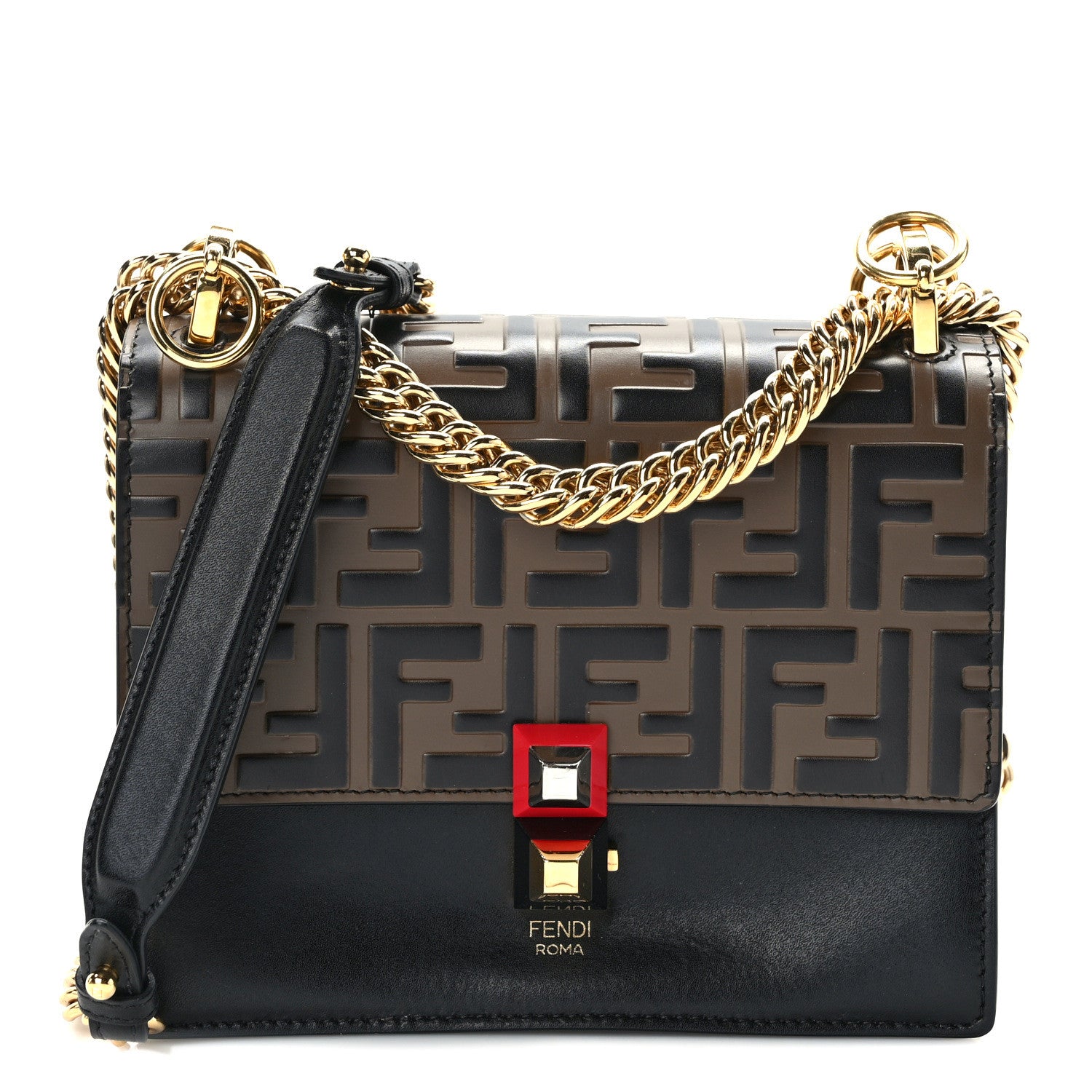 Fendi Vitello Liberty Bi-Color FF 1974 Embossed Small Kan I Shoulder Bag Black Maya 1 of 12