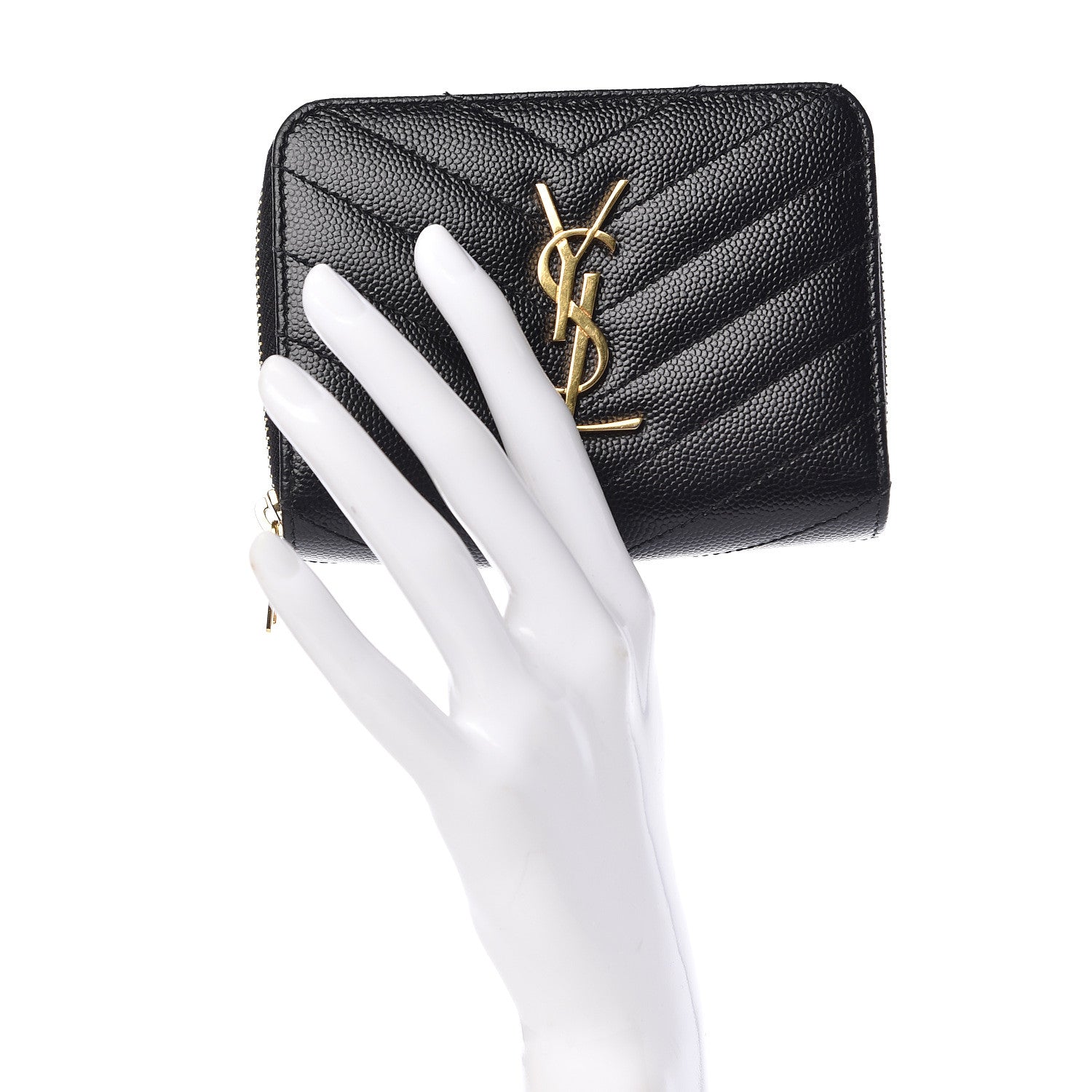Saint Laurent Grain De Poudre Matelasse Chevron Monogram Compact Zip Around Wallet Black 2 of 11