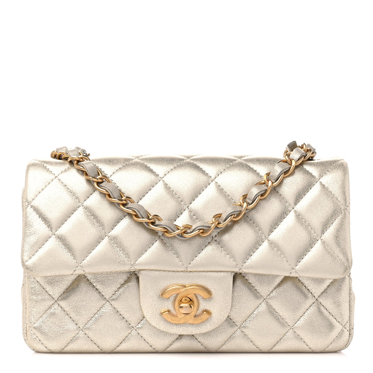 Metallic Lambskin Quilted Mini Rectangular Flap Gold