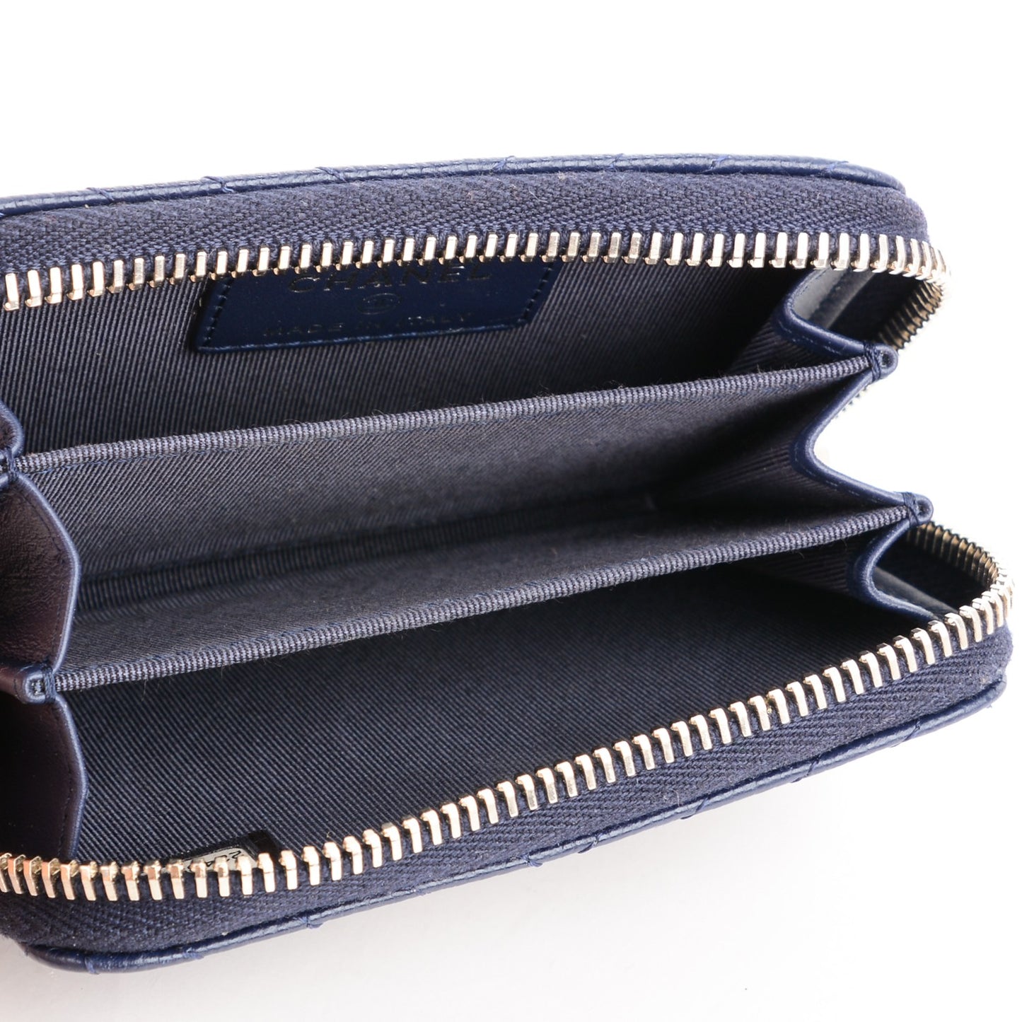 Caviar Chevron Quilted Zip Around Coin Purse Navy Blue