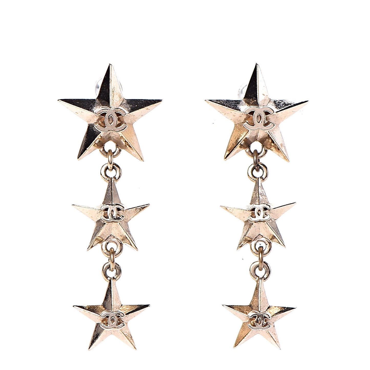 Metal CC Triple Star Drop Earrings Gold