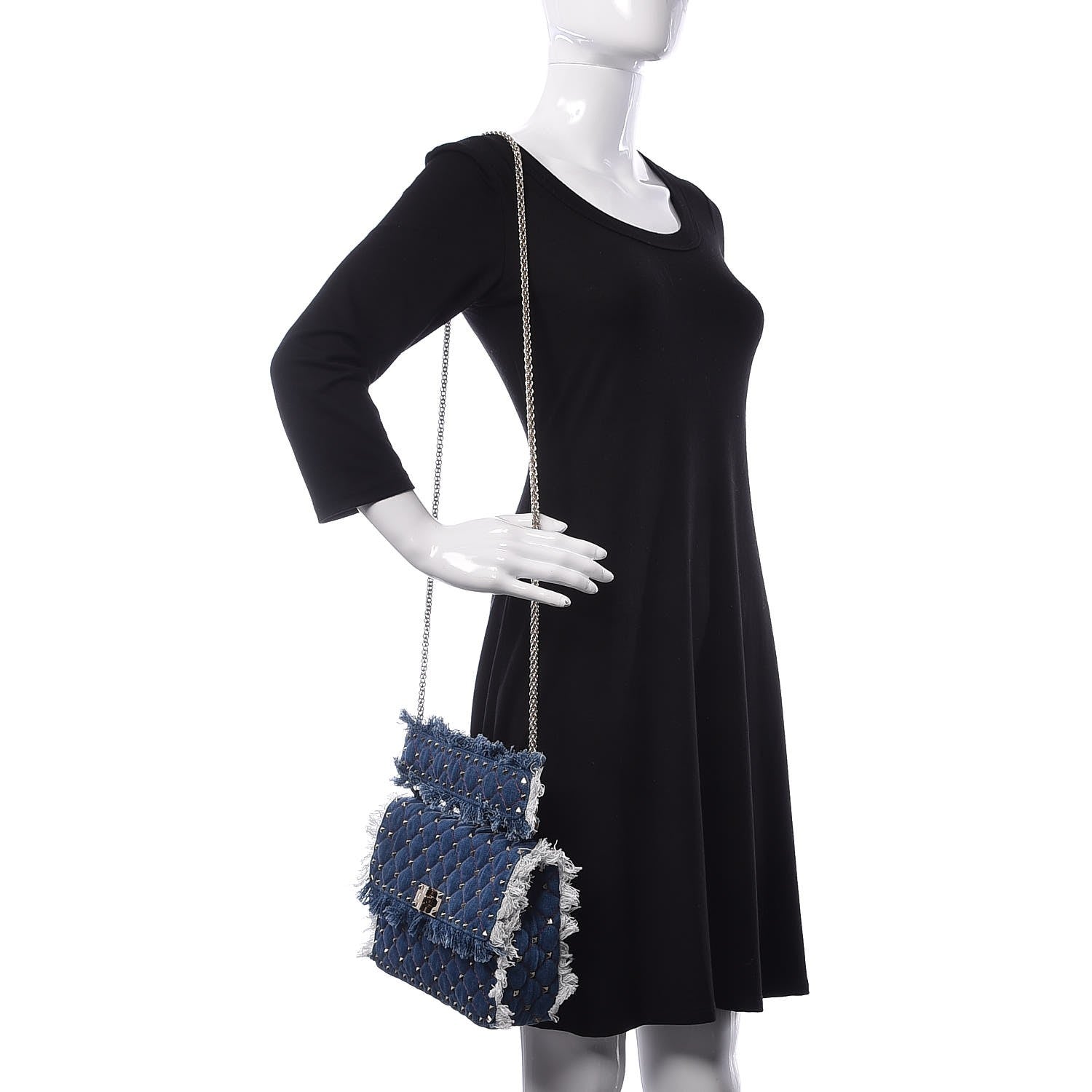 Valentino Garavani Denim Fringe Medium Rockstud Spike Shoulder Bag Blue 2 of 11