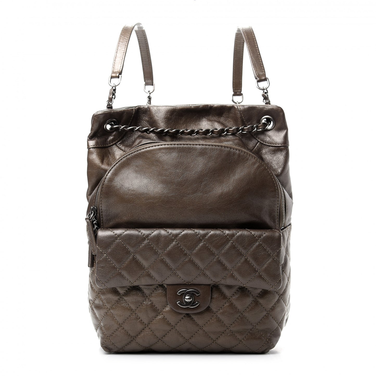 Metallic Lambskin Quilted Drawstring Backpack Brown