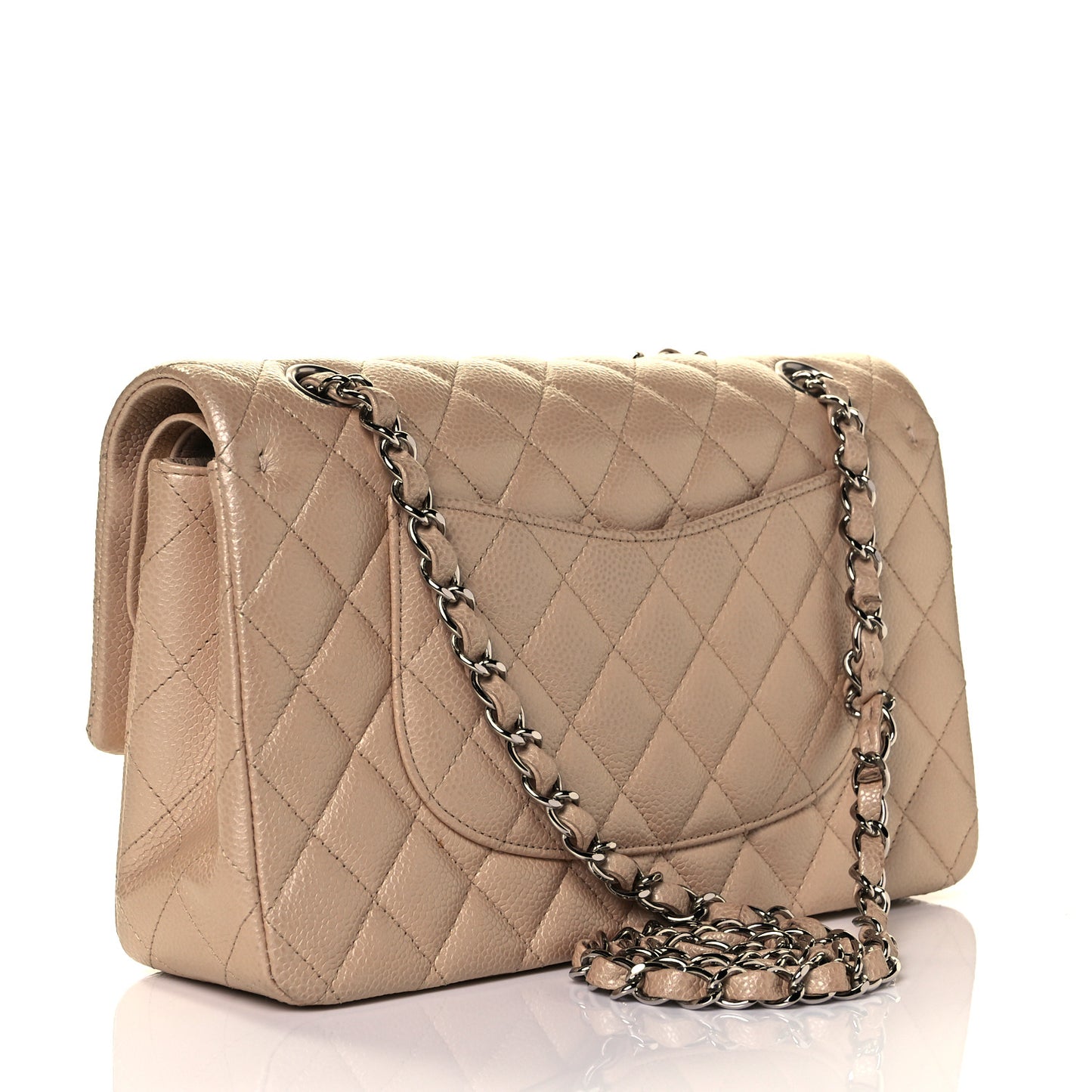 Iridescent Caviar Quilted Medium Double Flap Beige
