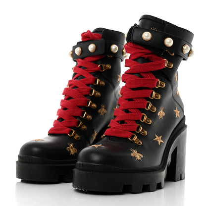 Gucci Calfskin Embroidered Lace Up Combat Ankle Boots 40.5 Black 3 of 9