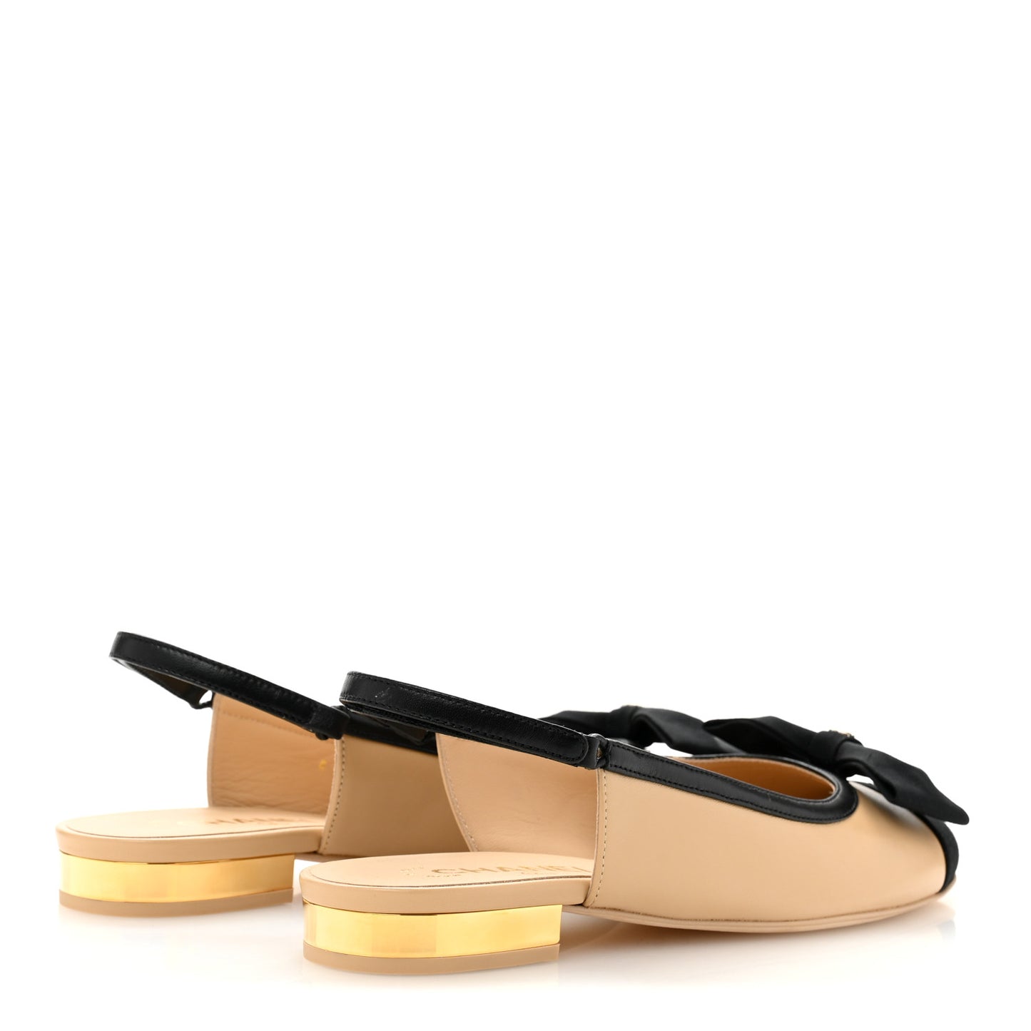 Lambskin Grosgrain Bow Cap Toe CC Slingback Flats 38.5 Beige Black