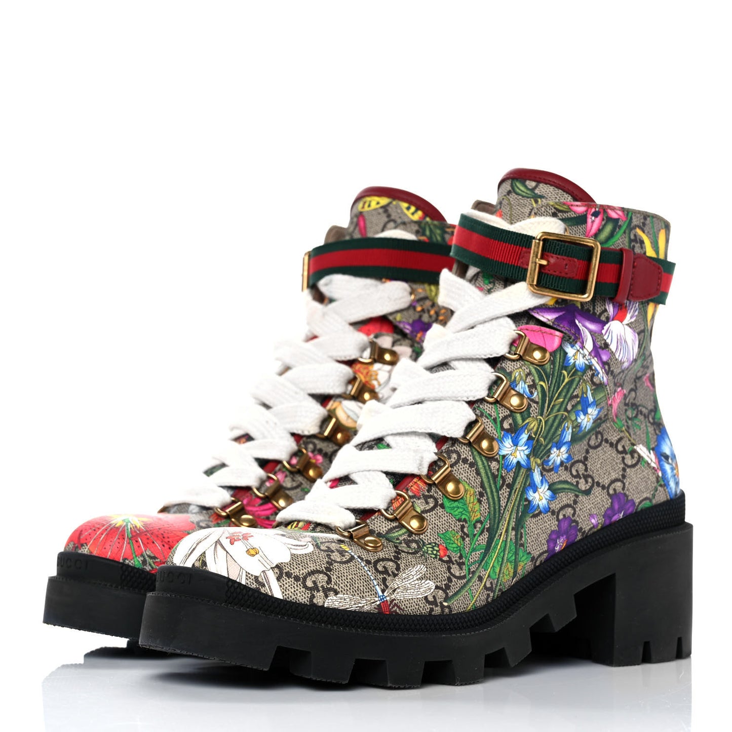 GG Supreme Monogram Flora Lace Up Combat Ankle Boots 39 Beige Multicolor Red