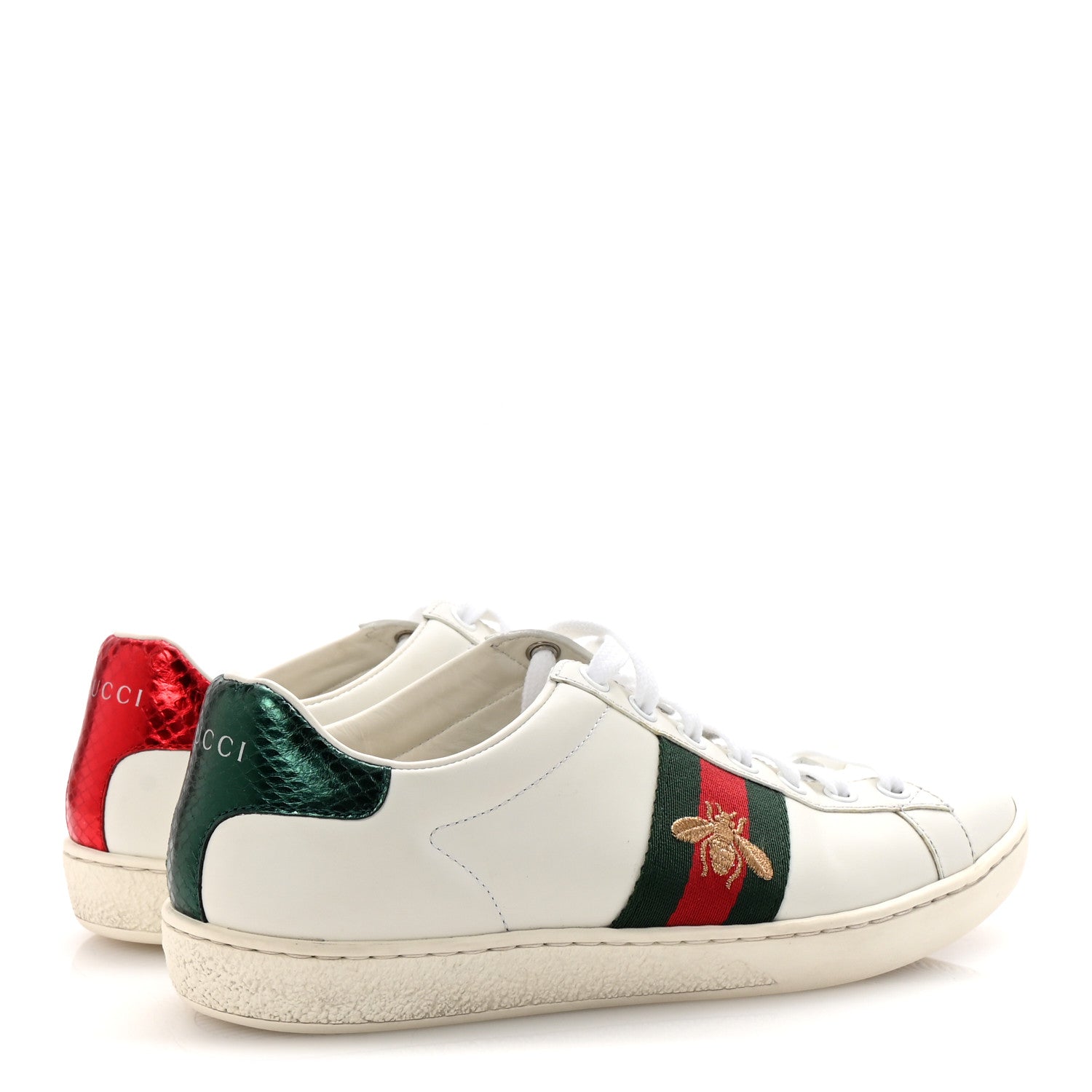 Gucci Calfskin Ayers Bee Embroidered Womens Ace Sneakers 37 White Red Flame Green 5 of 10